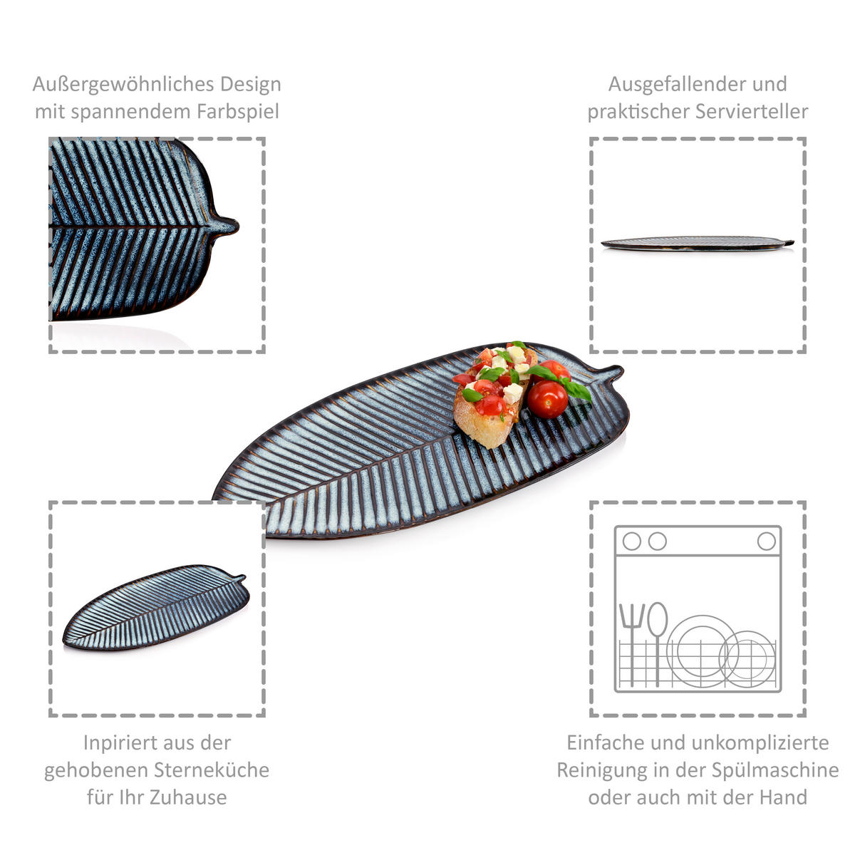 SERVIERTELLER TOKIO - Blattoptik aus Steingut - Dunkelblau, Keramik (39.3/11.95/22.25cm) - Sänger