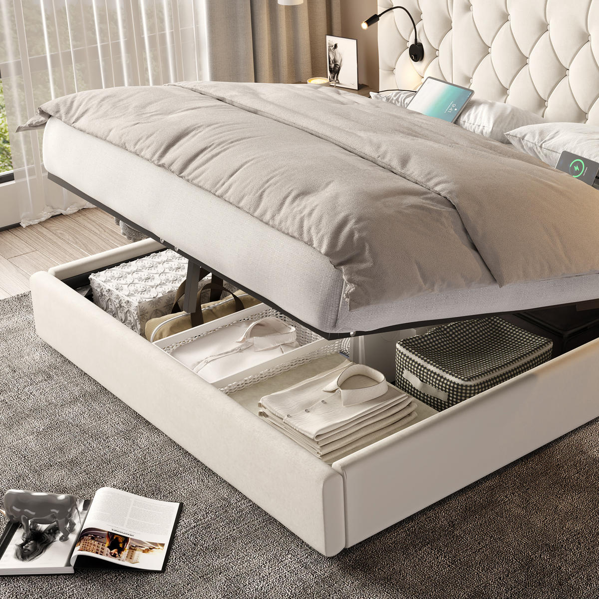 POLSTERBETT 180x200 cm USB Stauraum beige - Beige, Textil (180/200cm) - Fortuna Lai
