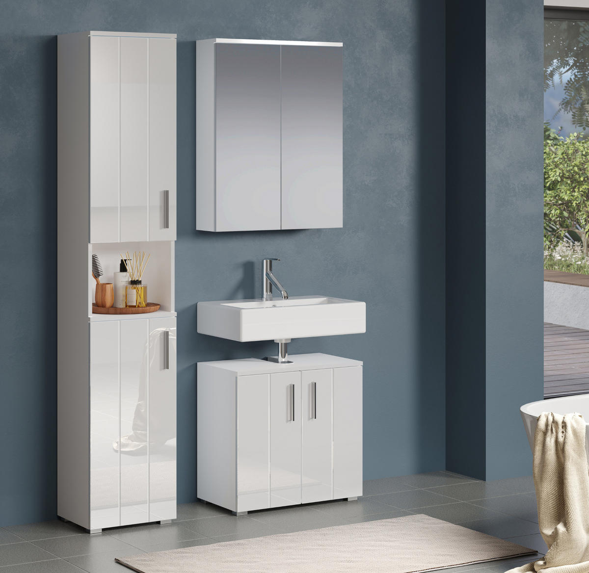 BADMÖBEL-SET weiß Hochglanz 112 x 192 cm, Badezimmer Schränke mit viel Stauraum - Weiß Hochglanz/Silberfarben, Holzwerkstoff/Kunststoff (112/192/32cm) - Top.Furn