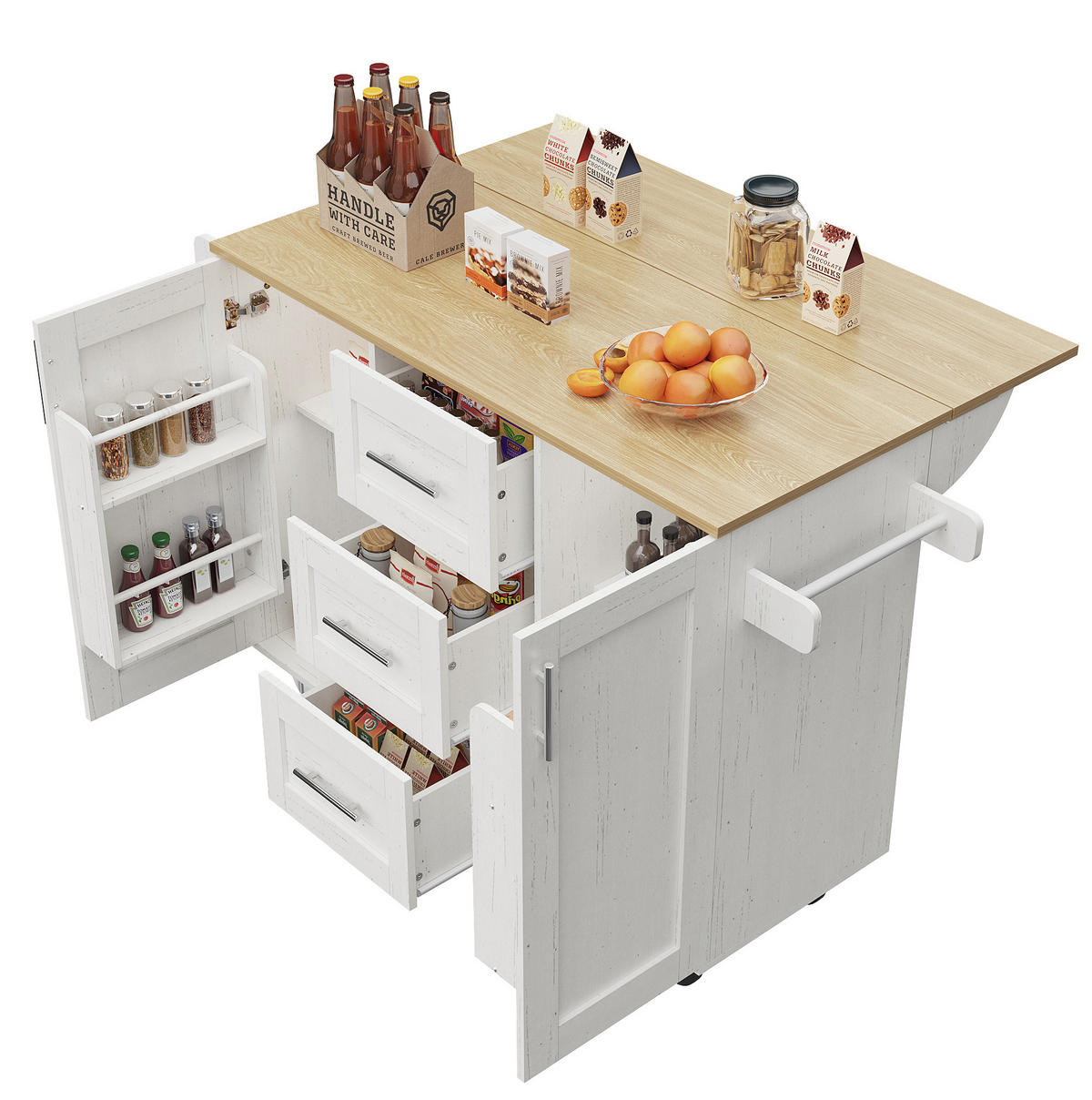KÜCHENINSEL 135/46-74/86,6 cm aus MDF und Metall mit klappbarer Tischplatte und Rollen Weiß - Weiß, Holzwerkstoff (135/87.2/74cm) - Modenvie