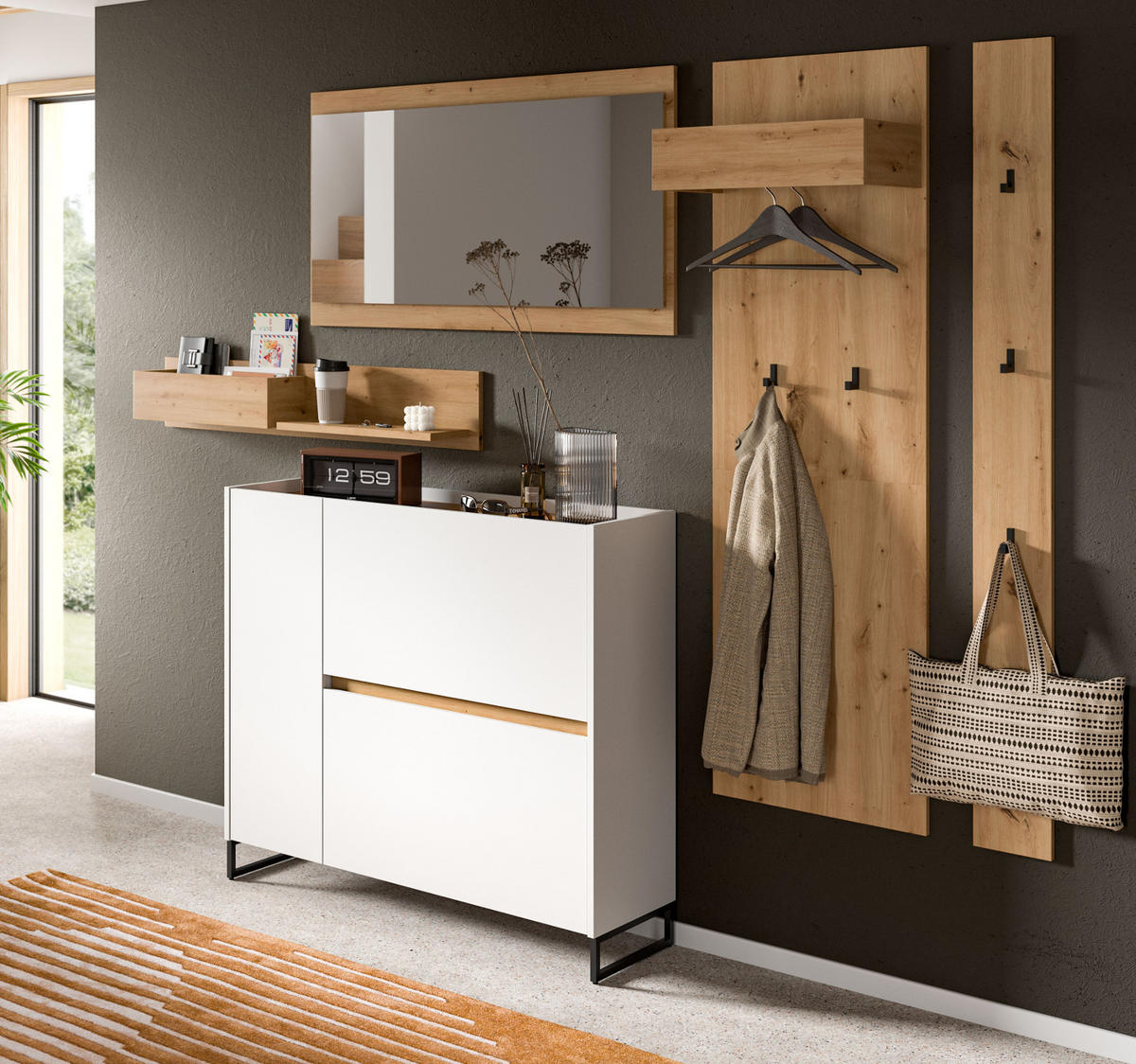 GARDEROBE-SET weiß und Artisan Eiche, Garderobe 5-teilig, 236 x 192 cm, Soft-Close, Borga - Schwarz/Weiß, Holzwerkstoff/Metall (236/192/32cm) - Inn.Furn