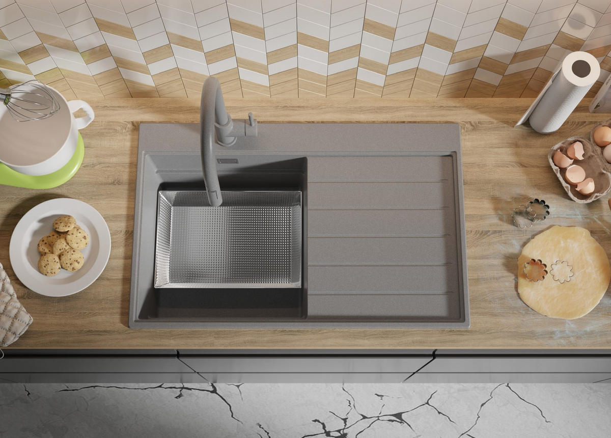 SPÜLBECKEN Sydney, 2-er set Grau 78/50 cm 1 Becken + Ablauf-Set + Küchenzubehörset ab 45er Unterschrank - Chromfarben/Beige, Kunststoff (78/20/50cm) - Primagran