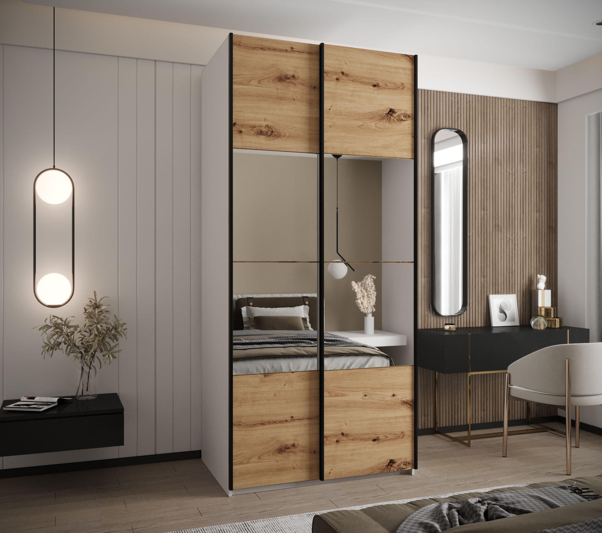 SCHWEBETÜRENSCHRANK 245,5/120/64 2-türig - Schwarz/Eiche Artisan, Holz/Metall (120/245/64cm) - Abiks Möbel