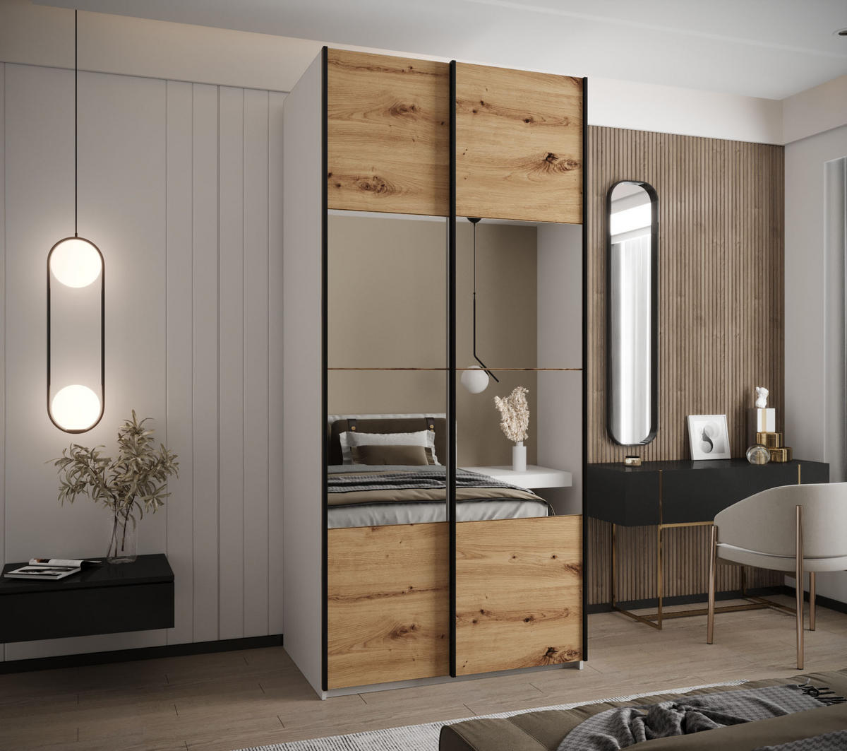 SCHWEBETÜRENSCHRANK 245,5/100/64 2-türig - Schwarz/Weiß, Holz/Metall (100/245/64cm) - Abiks Möbel