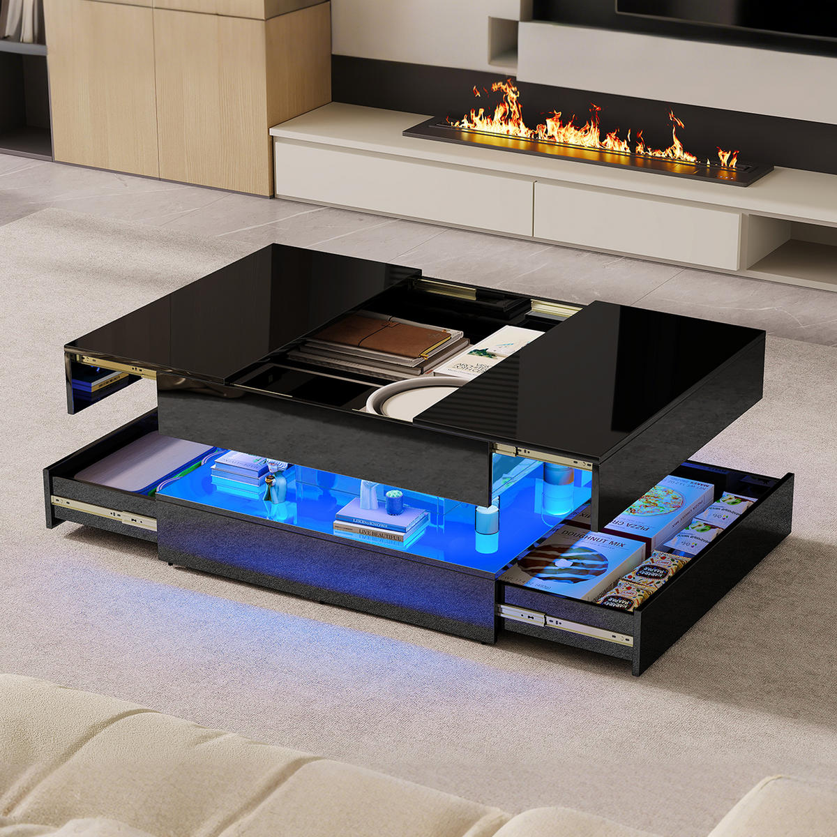 COUCHTISCH 78x78 cm mit RGB-LED & 2 Schubladen, Schwarz Hochglanz - Schwarz, Metall (78/78/43cm) - EuroLiving