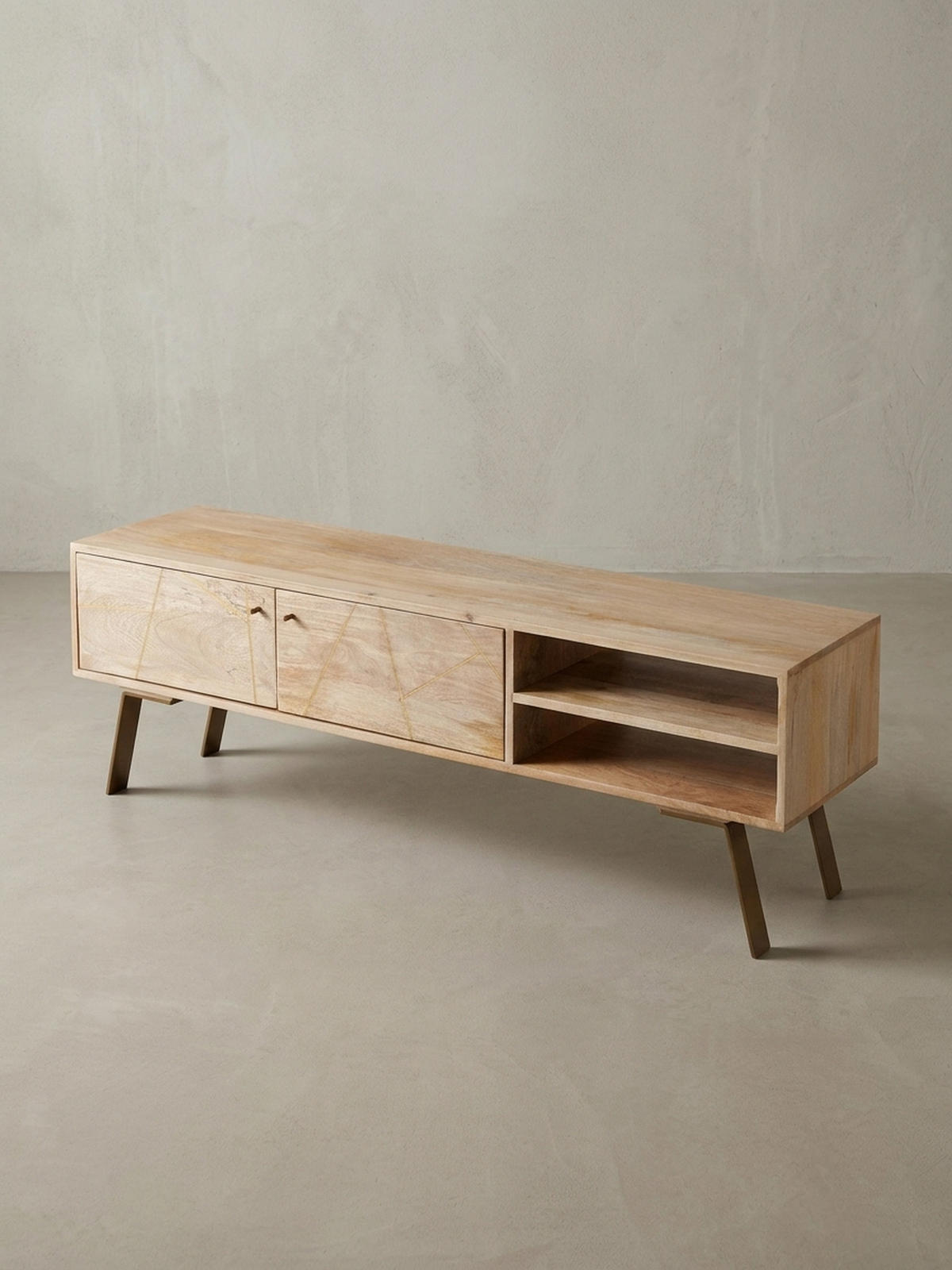 LOWBOARD Mango Massivholz Metall Landhausstil Modell Garda für Fernseher bis 55 Zoll - Goldfarben/Braun, Holz/Metall (145/47/35cm) - KADIMA DESIGN