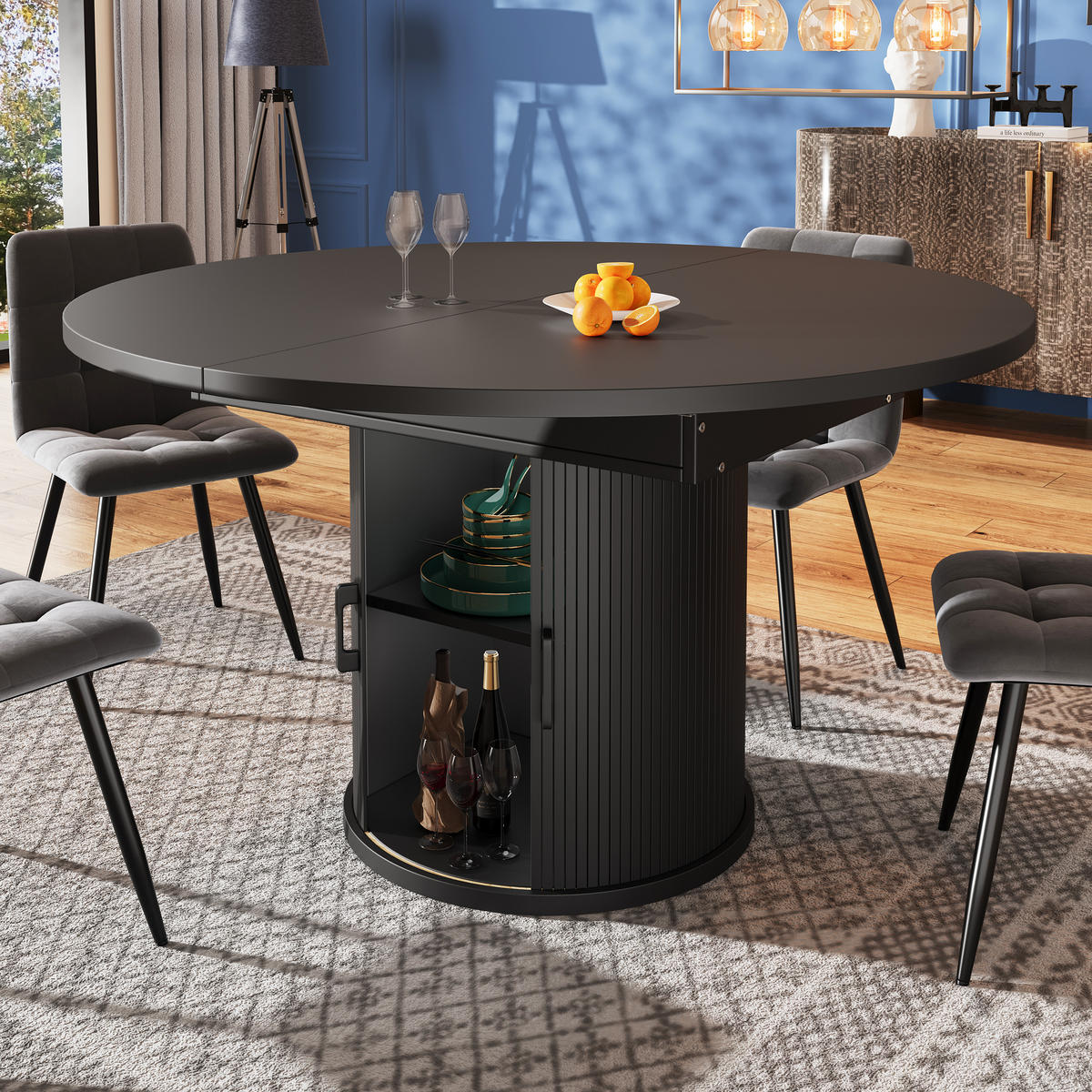 ESSTISCH Ausziehbar Schwarz mit Stauraum 118-158/118/76 cm - Schwarz, Holz (118/118/76.8cm) - Oxeza
