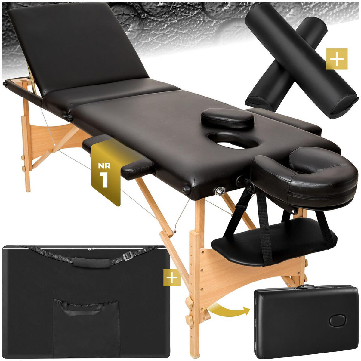 MASSAGELIEGE-SET 3 Zonen Daniel, 210 x 95 x 84 cm, schwarz - Schwarz, Holz (95/84/210cm) - tectake