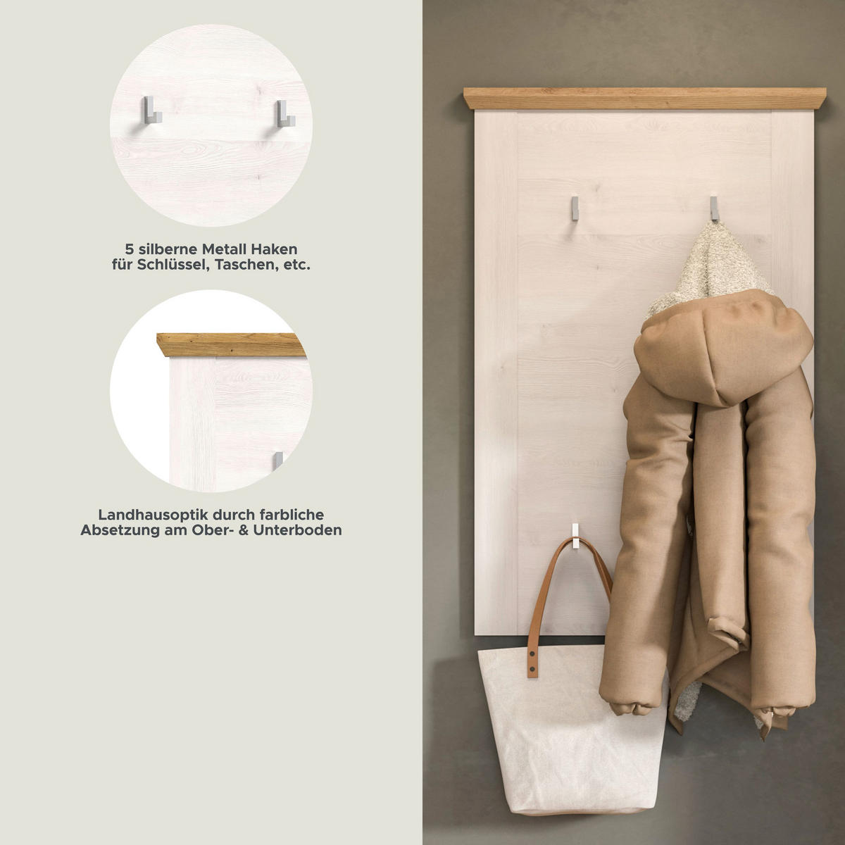 GARDEROBENPANEEL Verona Garderobe in Sibiu Lärche Nb. und Artisan Eiche Nb. B/H/T: 68x103x4 cm - Lärchefarben, Holzwerkstoff (68/103/4cm) - Homes & Jones