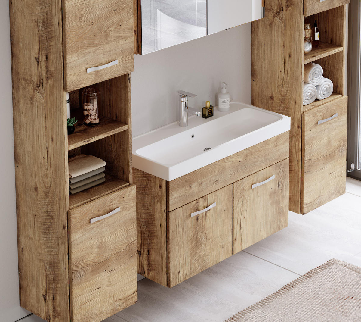 BADMÖBEL-SET Paso LED 5 Teile Kastanien Eiche - 80 x 35 x 55 cm - Kastanienfarben/Eichefarben, Holz (80/55/40cm) - Badplaats