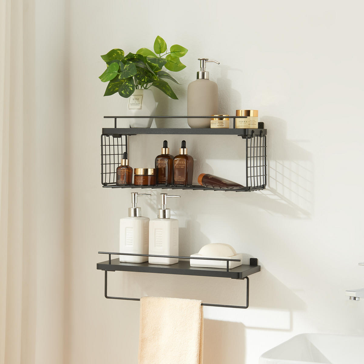 BADEZIMMERREGAL-SET 2 TLG. Vik - Schwarz, Holzwerkstoff/Metall (40/18/15cm) - [en.casa]