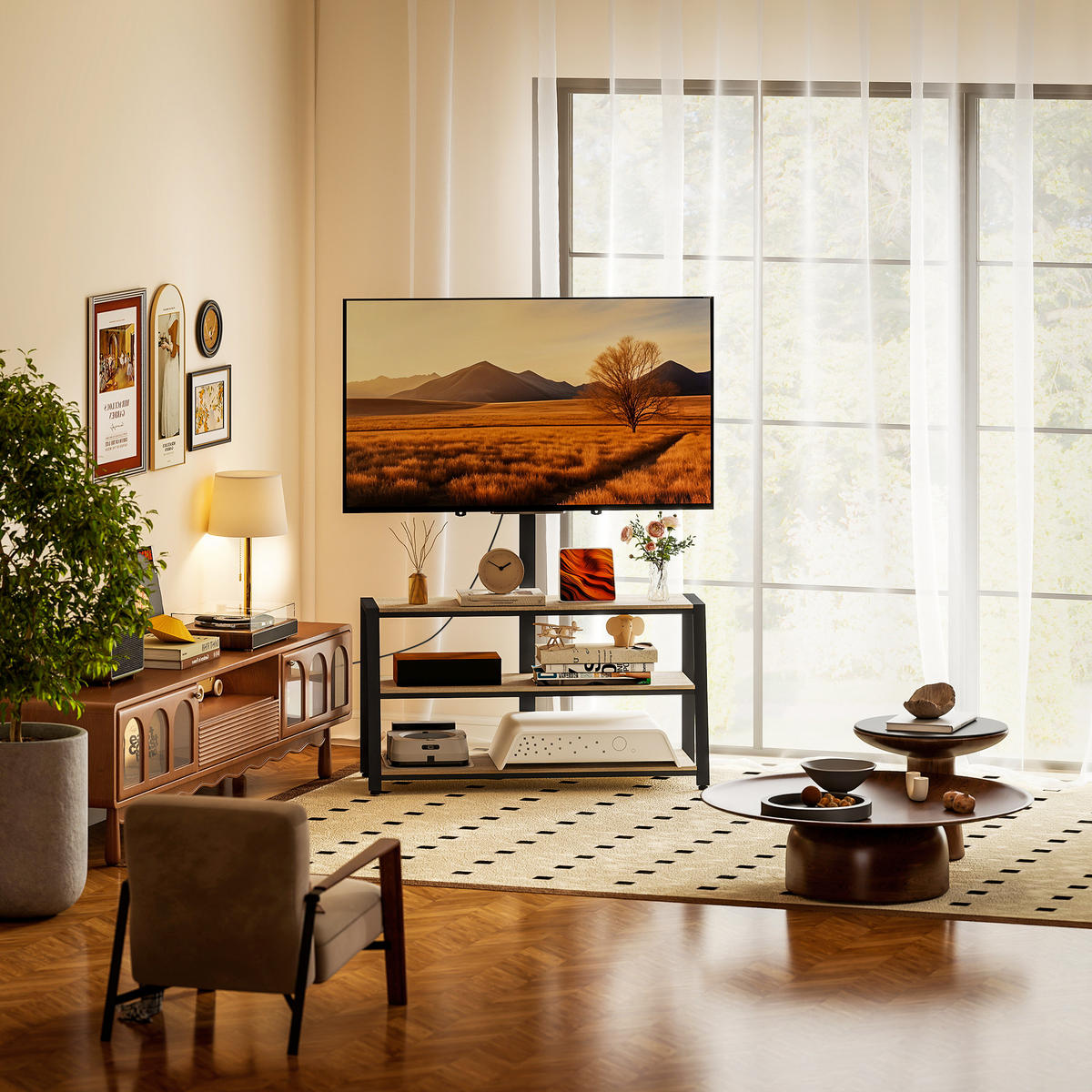 TV-SCHRANK Natur/Schwarz 108/41/135 cm, Schwenkbare Halterung, Offene Fächer, Holzoptik - Naturfarben, Holzwerkstoff (108/135/41cm) - PANGIVO