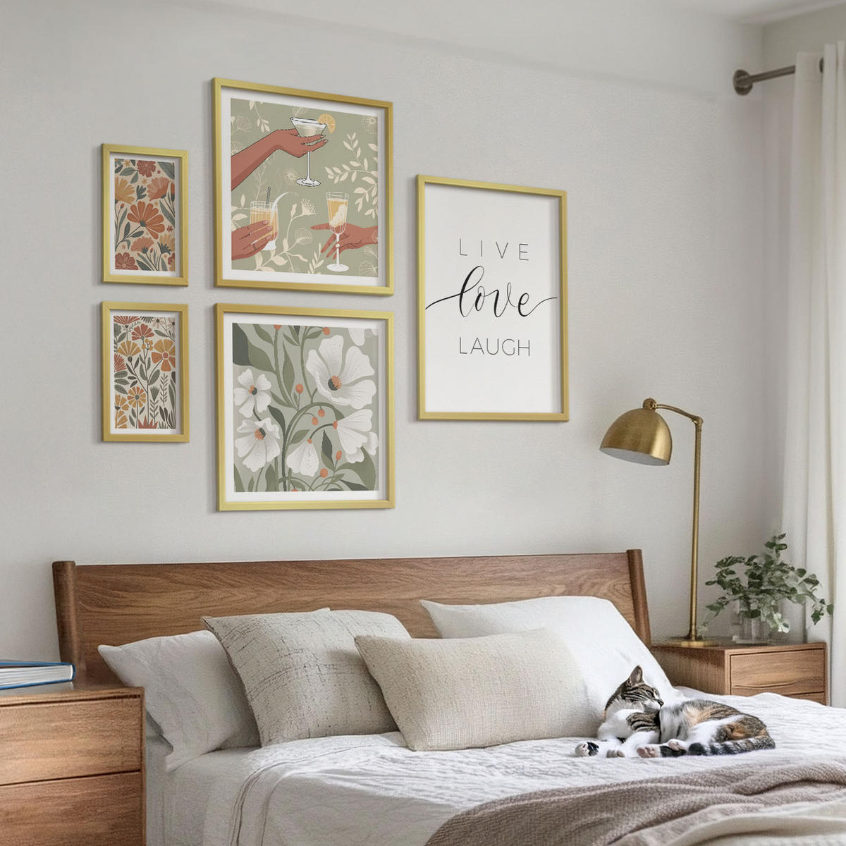 BILDER SET 5er Set - 50x50 cm & 20x30 cm & 40x60 cm Goldrahmen - Boho-Pflanzenmuster - Goldfarben, Kunststoff (40/60cm) - TULUP