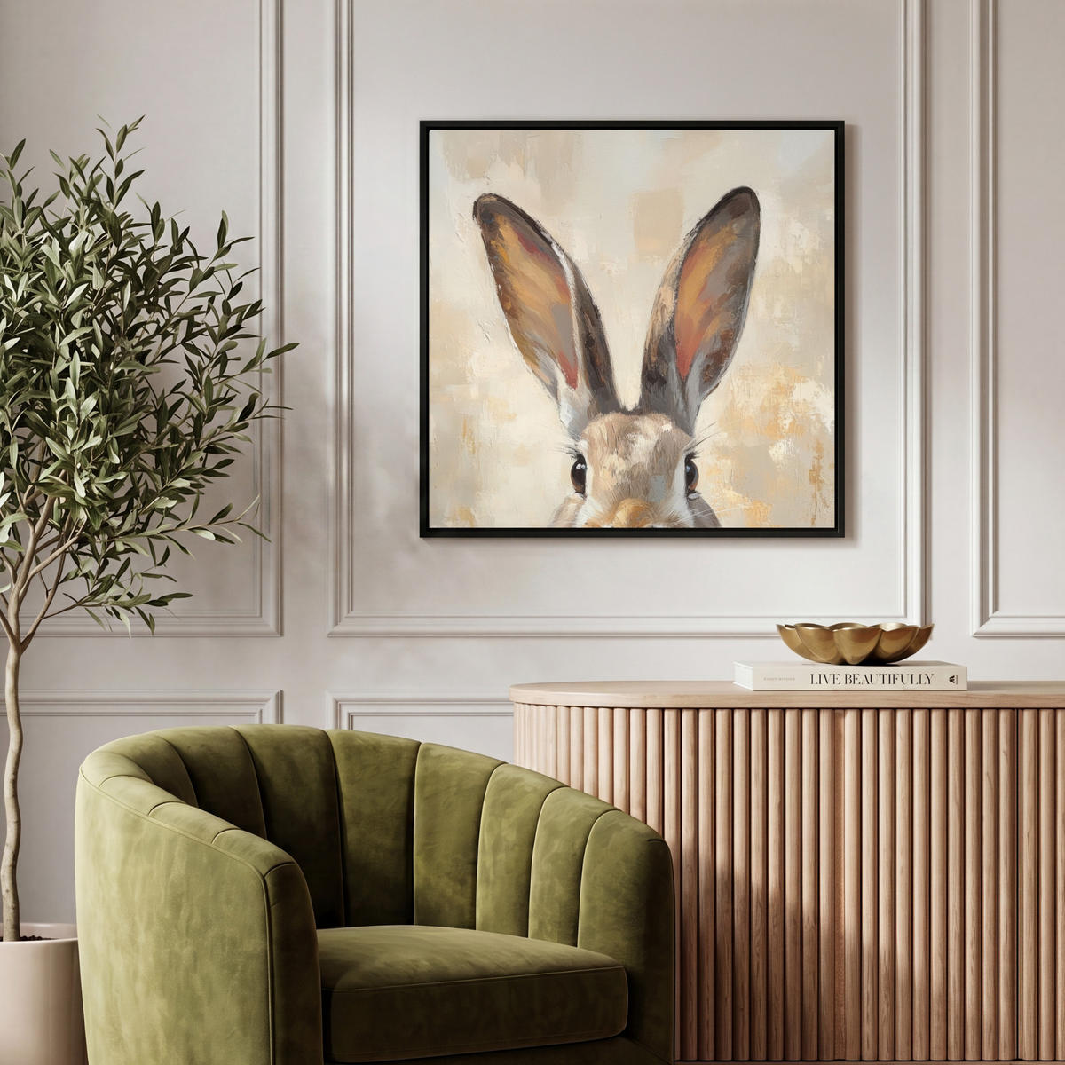 LEINWAND Bilder mit Rahmen - Hase - Ohren - Braun - 50x50 - Beige, Textil (50/50cm) - MuchoWow