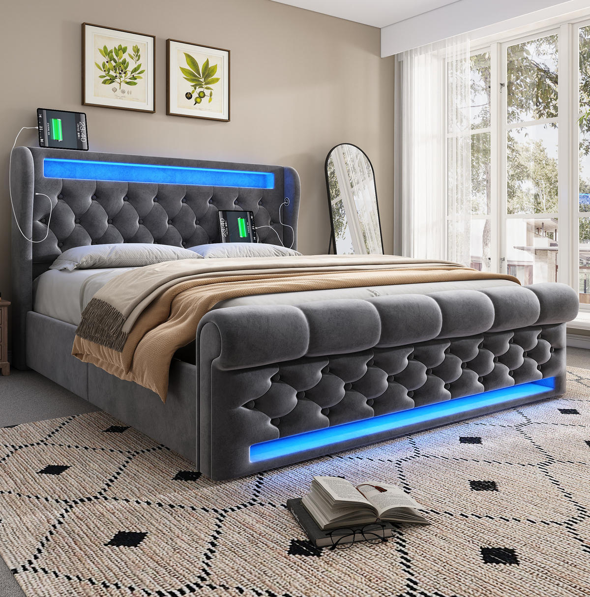 BETT mit LED, USB und Stauraum 140x200 cm Samt Grau - Grau, Metall (140/200cm) - Meubliv