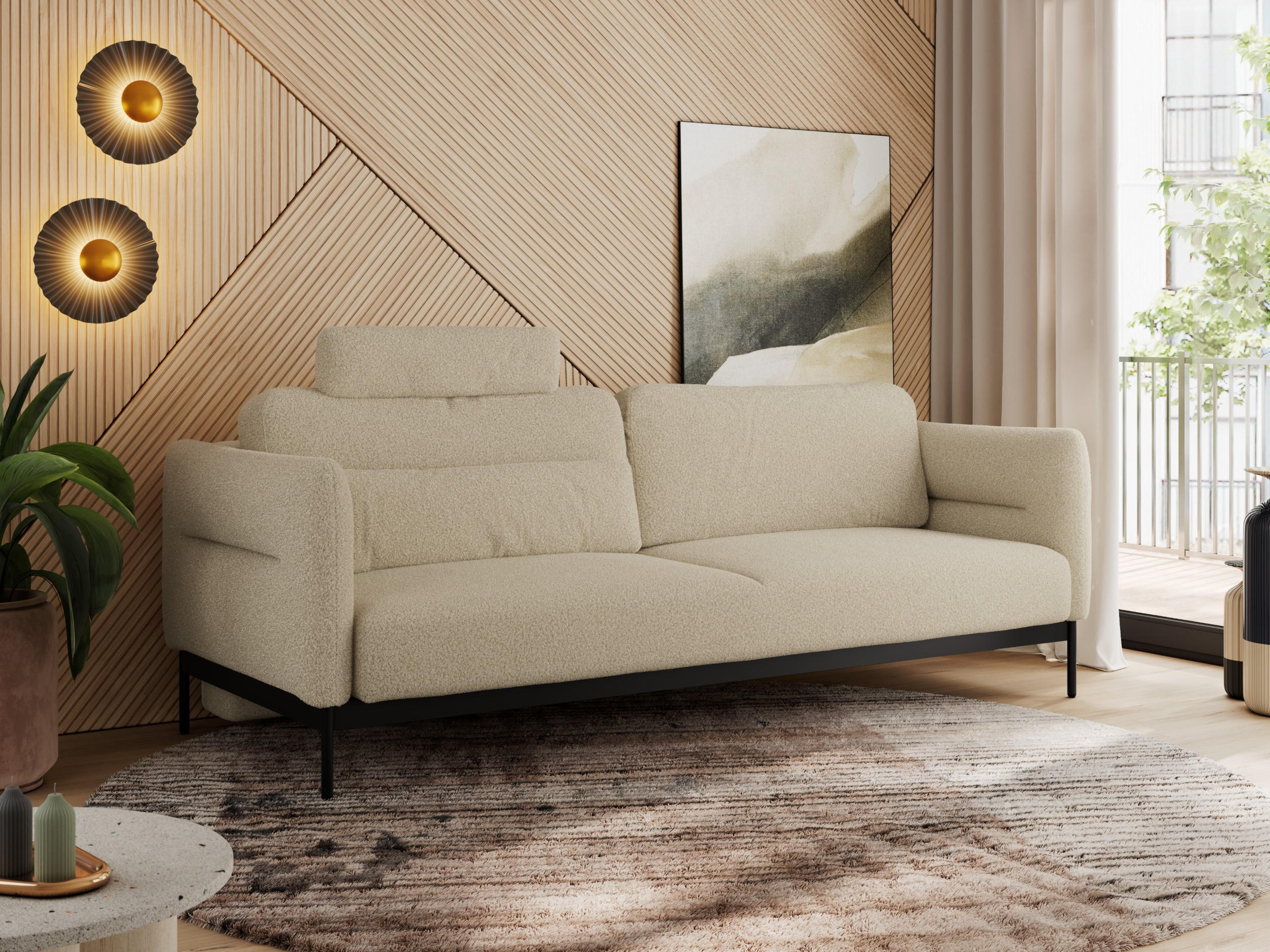 SOFA SALENTO Beige Boucle - Beige/Schwarz, Textil/Metall (221/82/101cm) - MKS