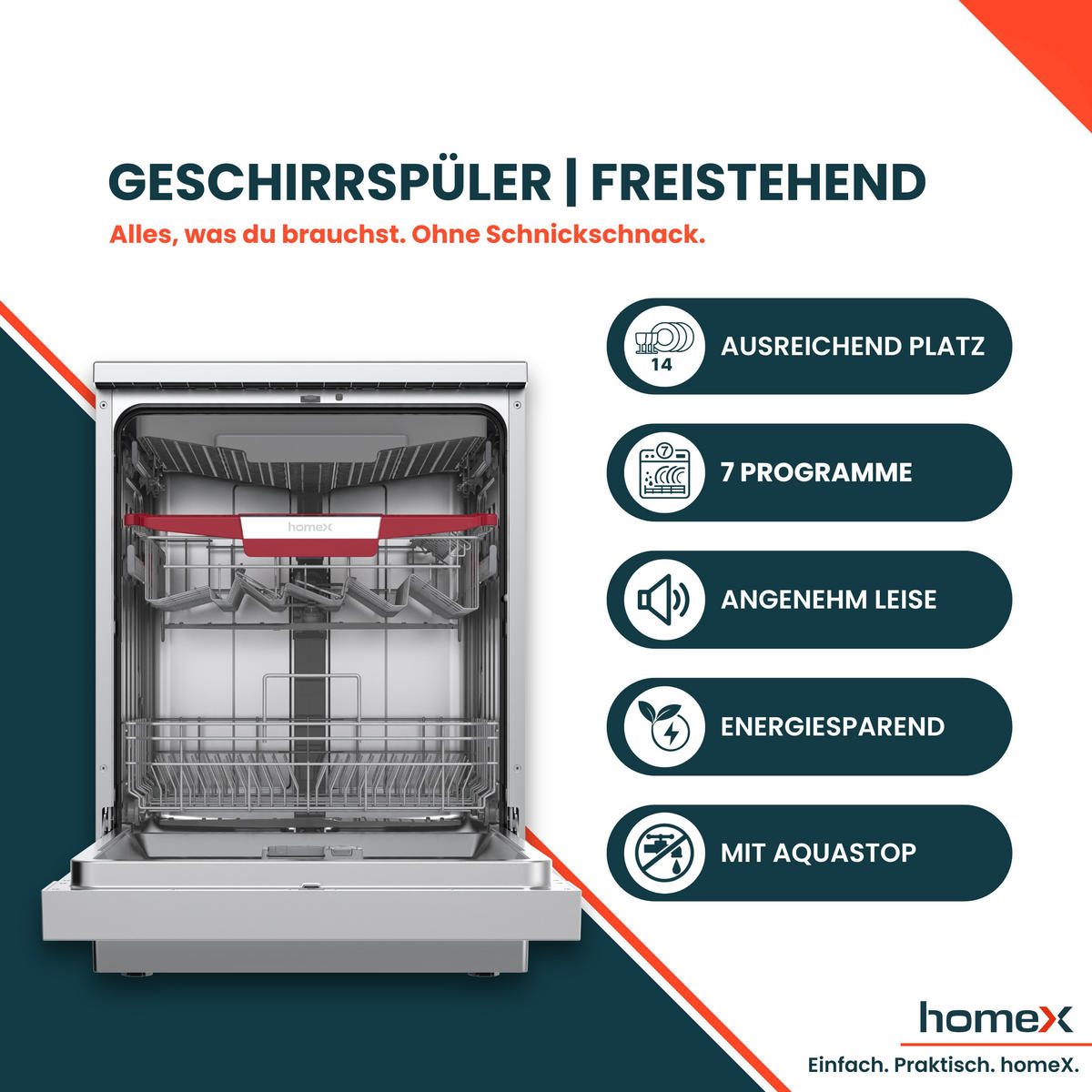 GESCHIRRSPÜLER 60 cm, Spülmaschine freistehend - 14 Maßgedecke, 7 Programme, AquaStop, 44 dB, unterbaufähig - Silberfarben, Kunststoff/Metall (59.8/84.5/60cm) - homeX
