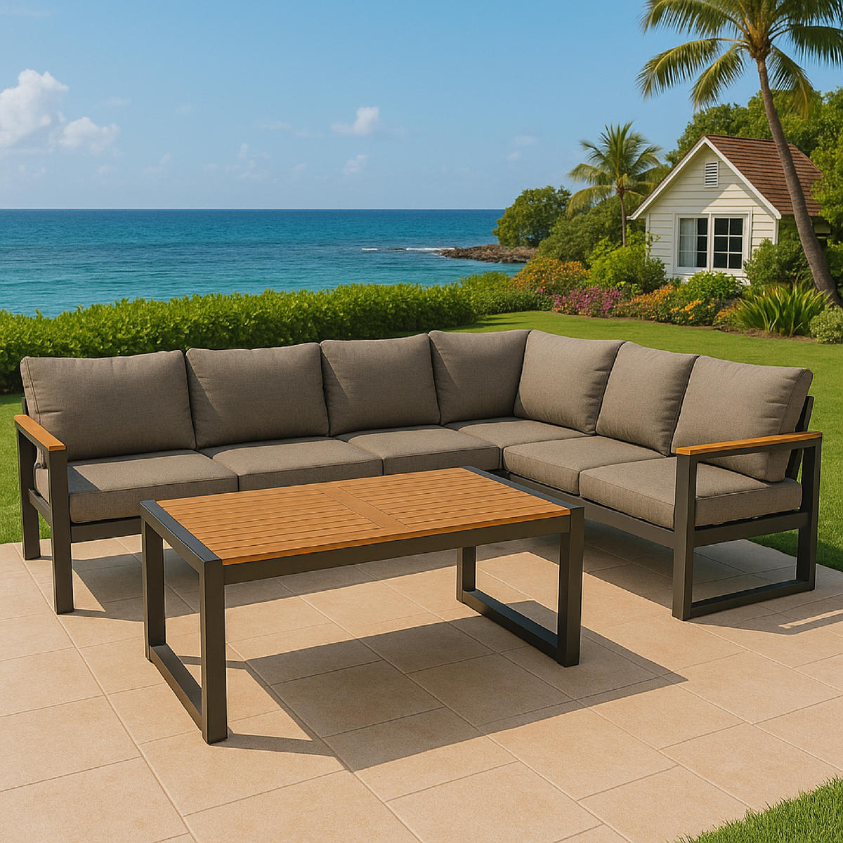 ECK-DININGSET Crawley (1x 3-sitzer Bank 187x65x71cm, 1x 3-sitzer Lounge mit Liegefunktion 187x65x71cm, 1x Tisch 140x70cm Tischplatte Akazie - Grau, Metall - TPFGarden