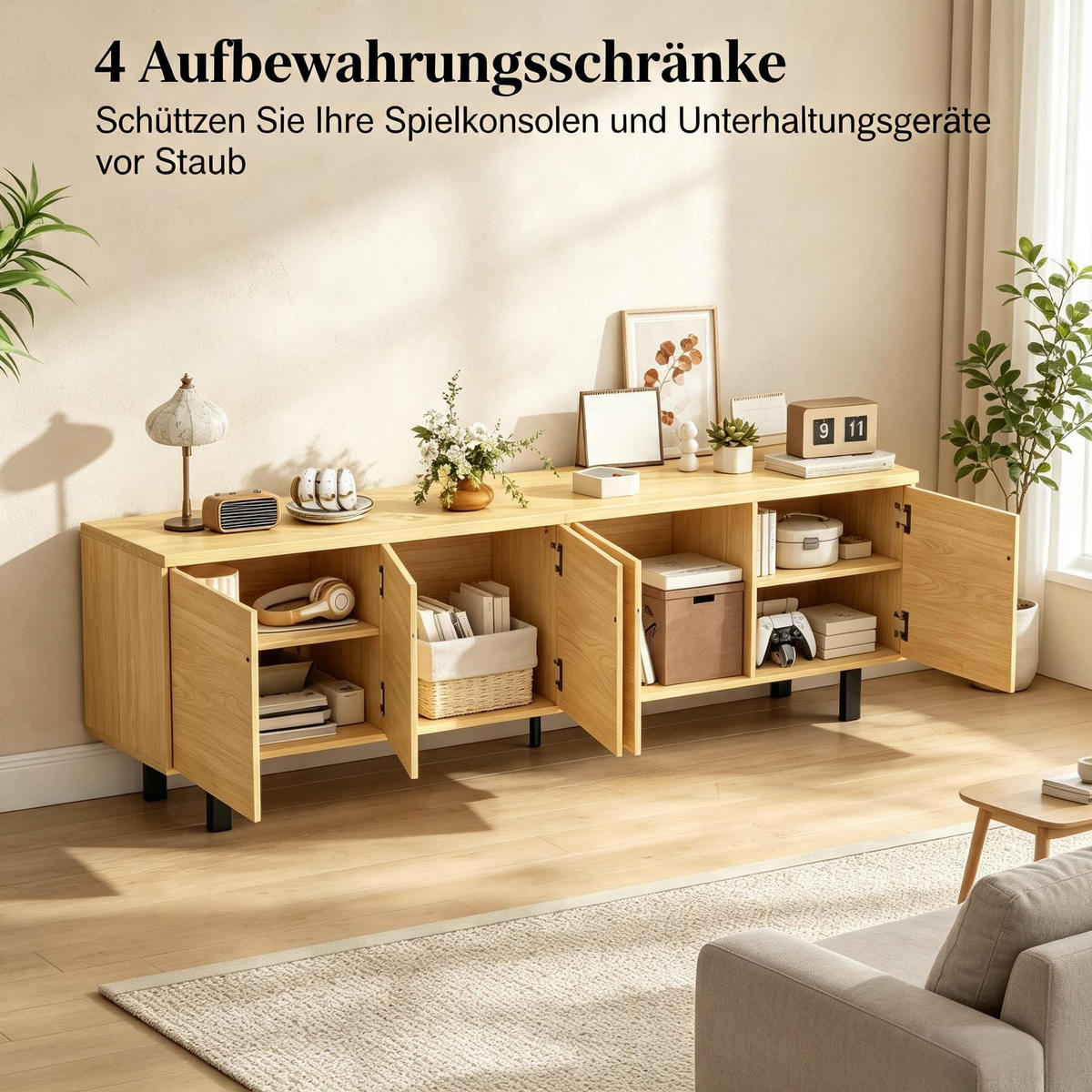 TV-SCHRANK 180/35/55.5 cm Natürlich mit 4 Drucktüren - Schwarz/Naturfarben, Holz/Holzwerkstoff (180/55.5/35cm) - Oxeza