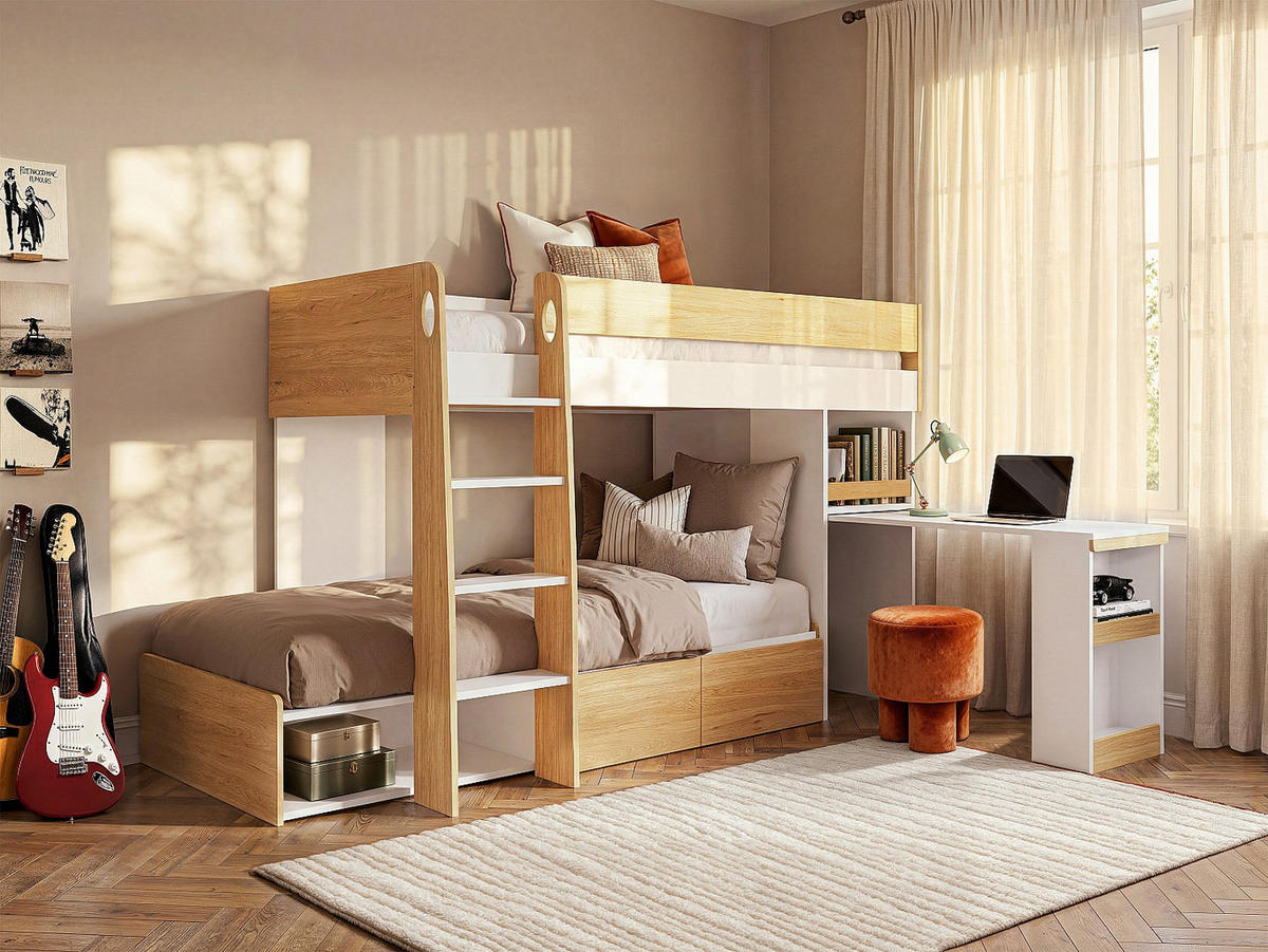 ETAGENBETT - 2 Personen - holz - naturfarben hell, weiß Lomiden - Naturfarben/Weiß, Holz (90/190cm) - Vente-Unique