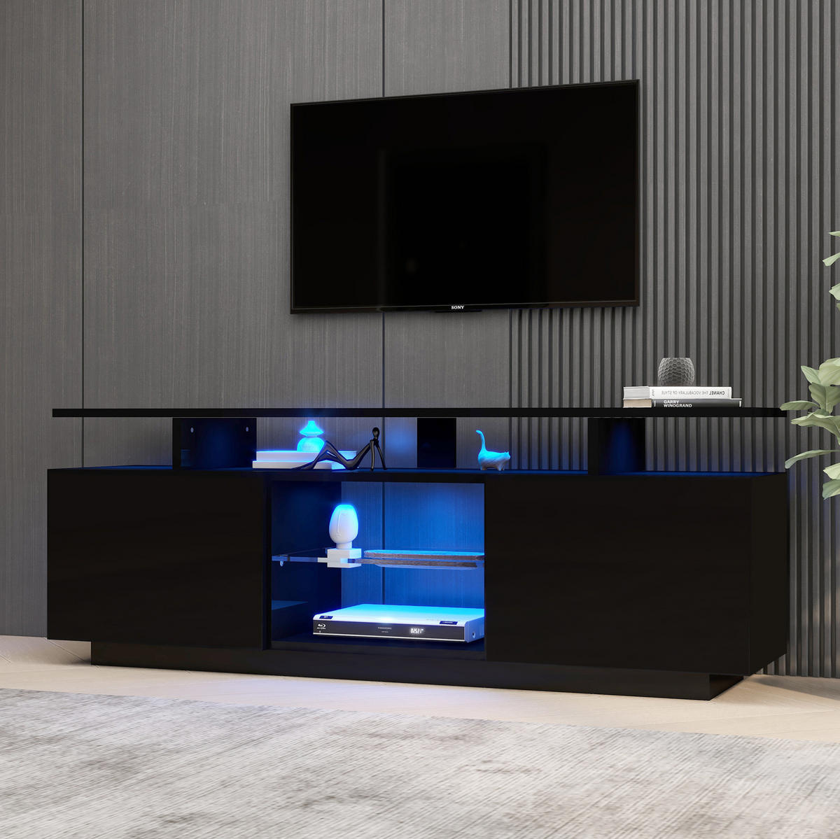 LOWBOARD 140/35/55 cm Schwarz aus Spanplatte mit LED-Beleuchtung - Schwarz, Holzwerkstoff (35/55/140cm) - OKMYHOME