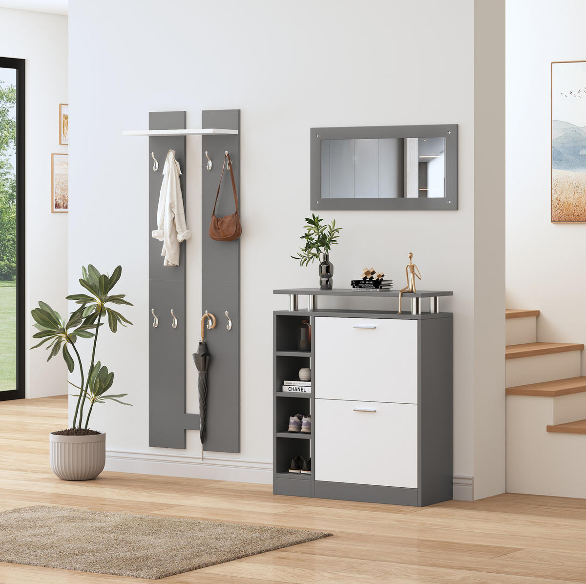 GARDEROBENSET mit Spiegel 80 x 25 x 96,5 cm Grau 4-tlg. - Grau, Holz (25/96.5/80cm) - Beauniv