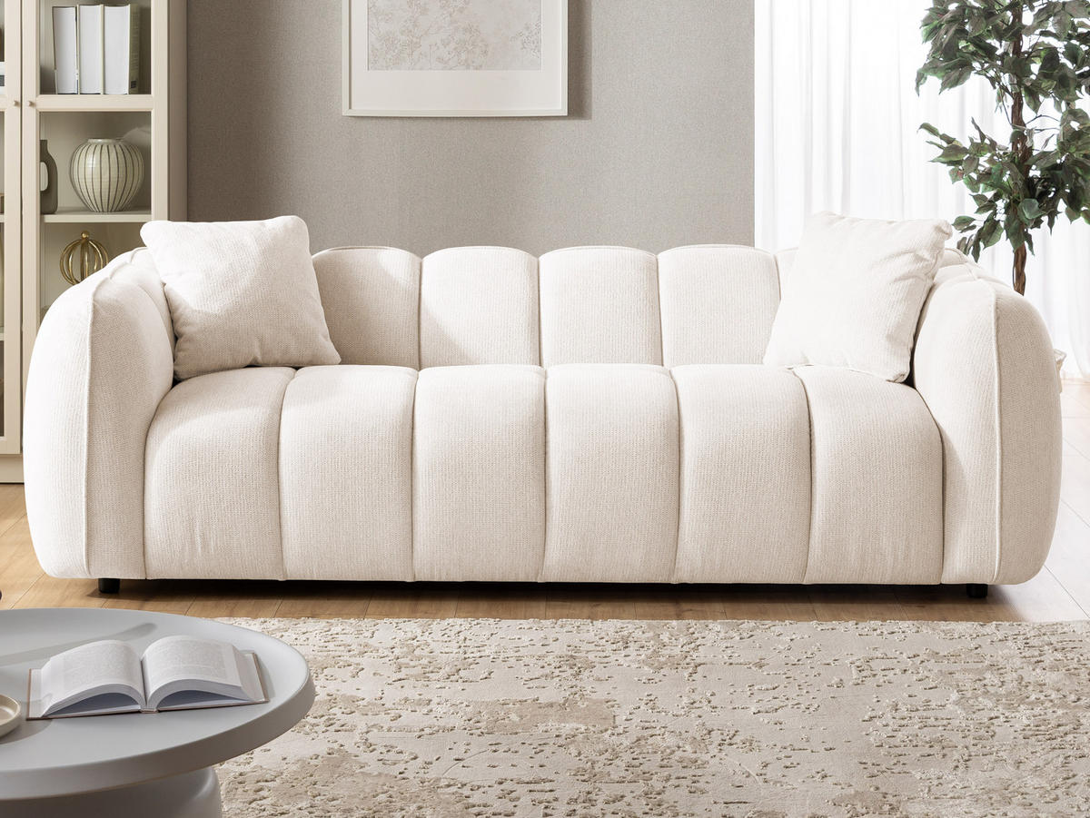 3-SITZER SOFA Nubira in tief gesteppter Bubble-Optik aus weichem Creme Strukturstoff im modernen Design - Creme/Schwarz, Holz/Kunststoff (228/69/89cm) - S-Style Möbel