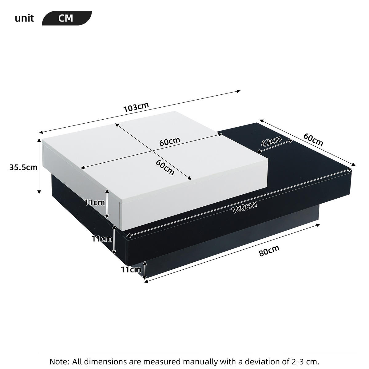 COUCHTISCH 103/60/35,5 cm drehbar mit Hochglanzoberfläche in Schwarz-Weiß - Schwarz Hochglanz, Holzwerkstoff (60/103/35.5cm) - OKWISH