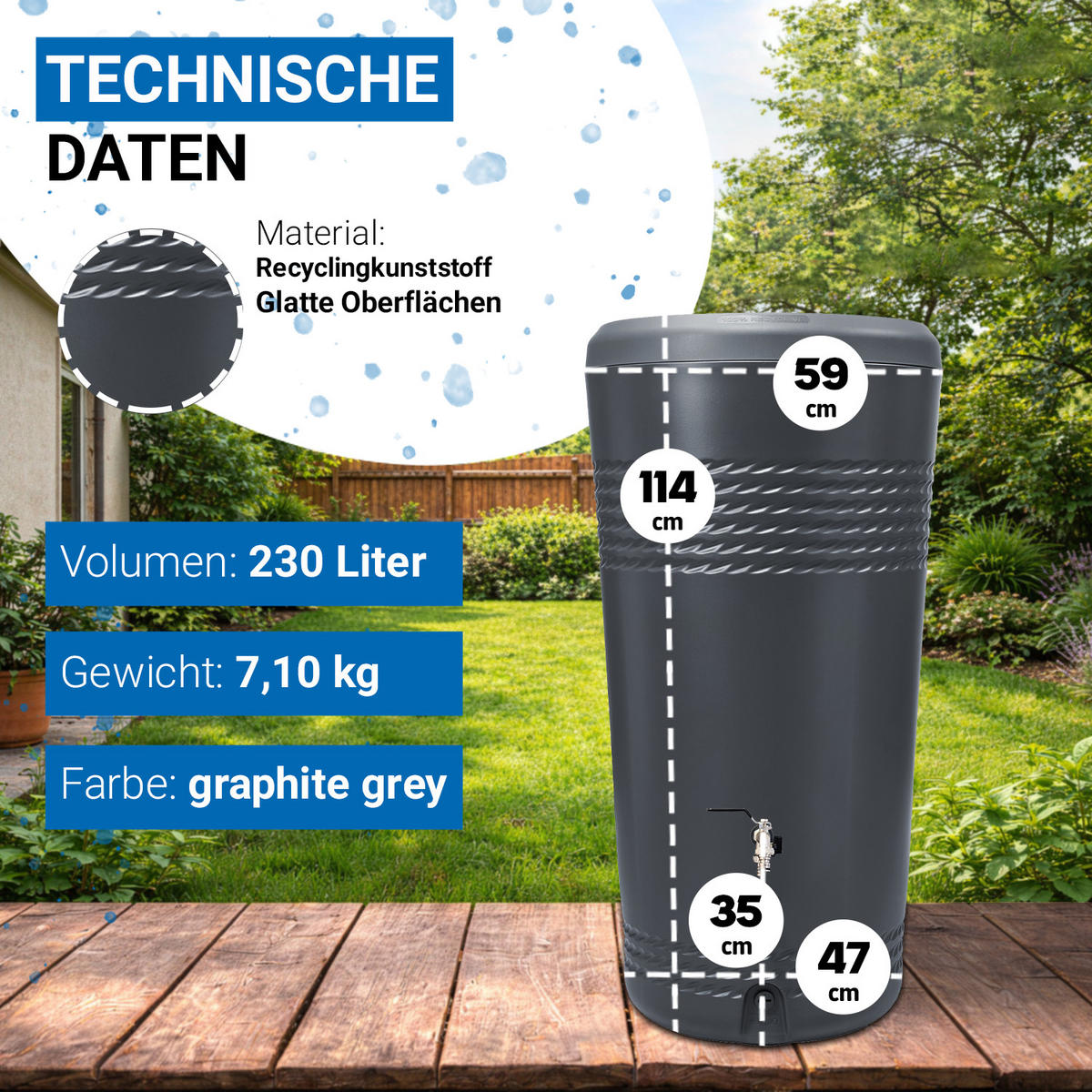 2IN1 Regentonne Komplett-Set 230 L, graphite grey inkl. Chrom-Doppelauslaufhahn und Fallrohranschluss - Grau, Kunststoff (59/114/60cm) - 4rain