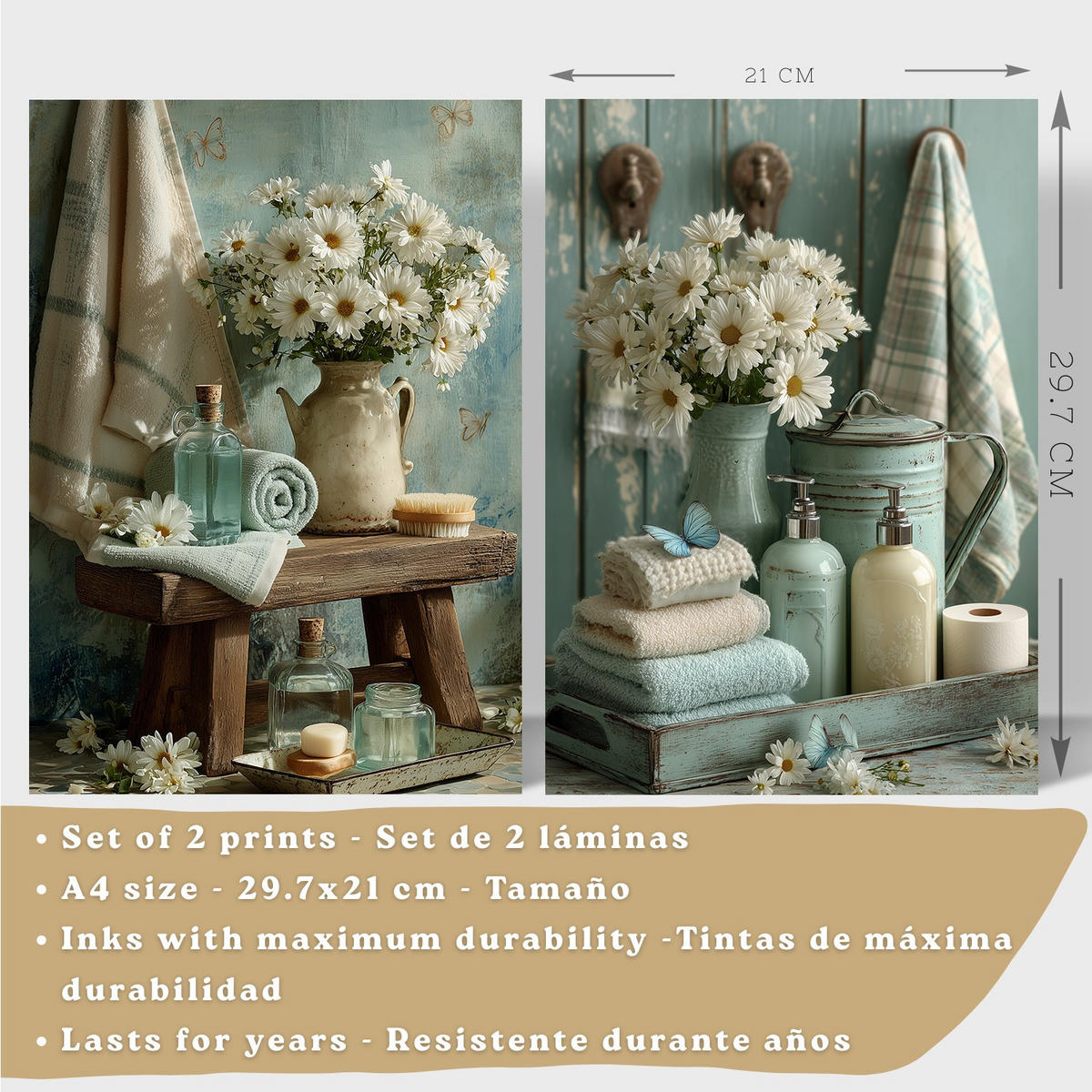 PLAKÁT Sada 2 dekorativních koupelnových tisků, květinové v shabby chic Černý rám A4 - černá, papír (29.7/21/3cm) - Nacnic