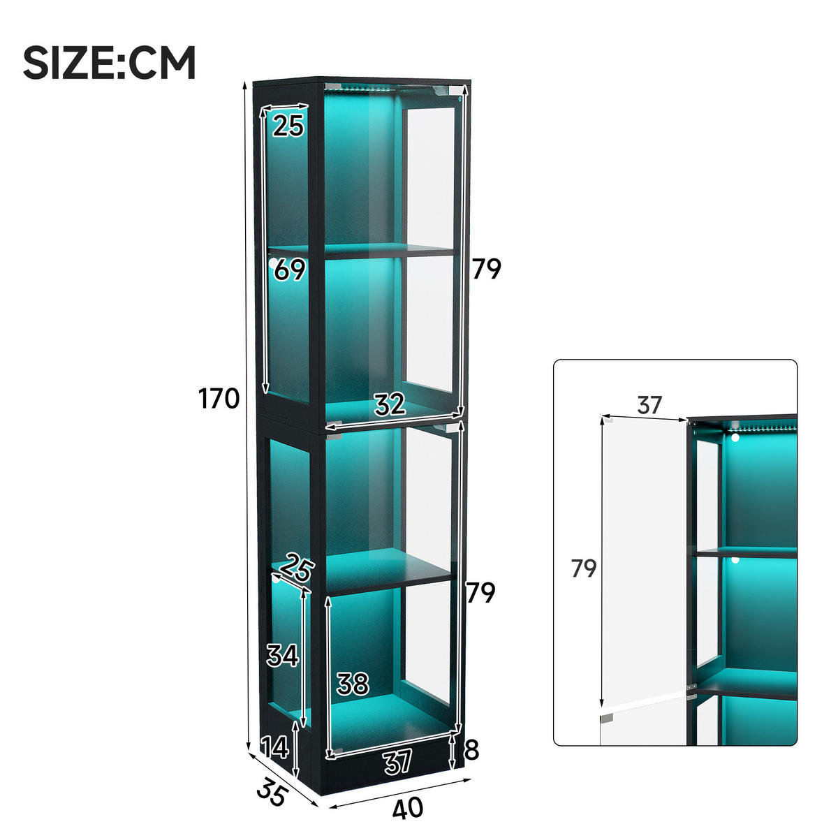 VITRINE Glas MDF mit 4 Ebenen Stauraum schmal modern Push-to-Open Schrank Wohnzimmer Design - Schwarz, Glas/Holzwerkstoff (40/170/35cm) - EVRYAE