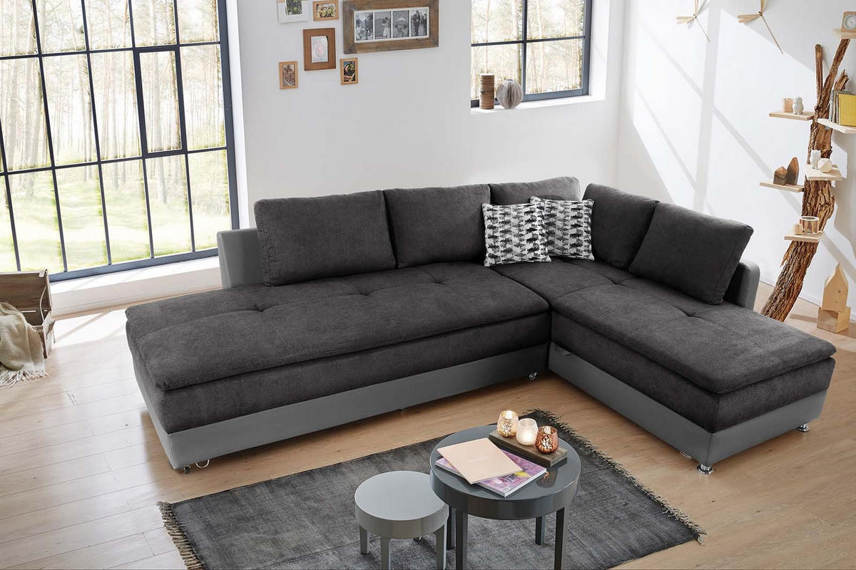 ECKSOFA-DAUERSCHLÄFER Doppelbett Boxspring Federkern Topper, Schwenkteil links B306/T223/H95 cm, Kunstleder Grau+Mikrofaser Anthrazit / 15105 - Chromfarben/Anthrazit, Textil/Metall (306/223cm) - luma-home