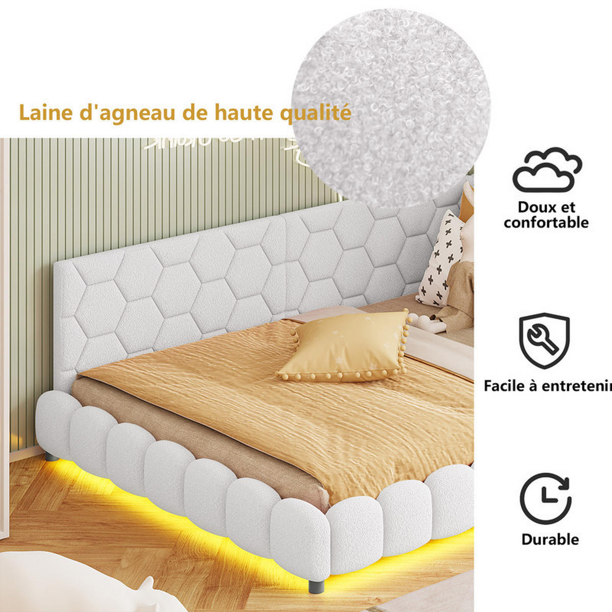SCHLAFSOFA 140x200cm, Beige, Lammwolle, mit LED-Lichtleiste und 2 USB-Anschlüssen, ohne Matratze - Beige, Holz (140/200cm) - WoodenAura