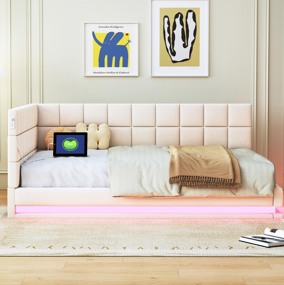 POLSTERBETT 140/200 cm aus Leinen mit LED-Lichtleiste und USB-Anschluss Beige - Beige, Leder (140/200cm) - Modenvie