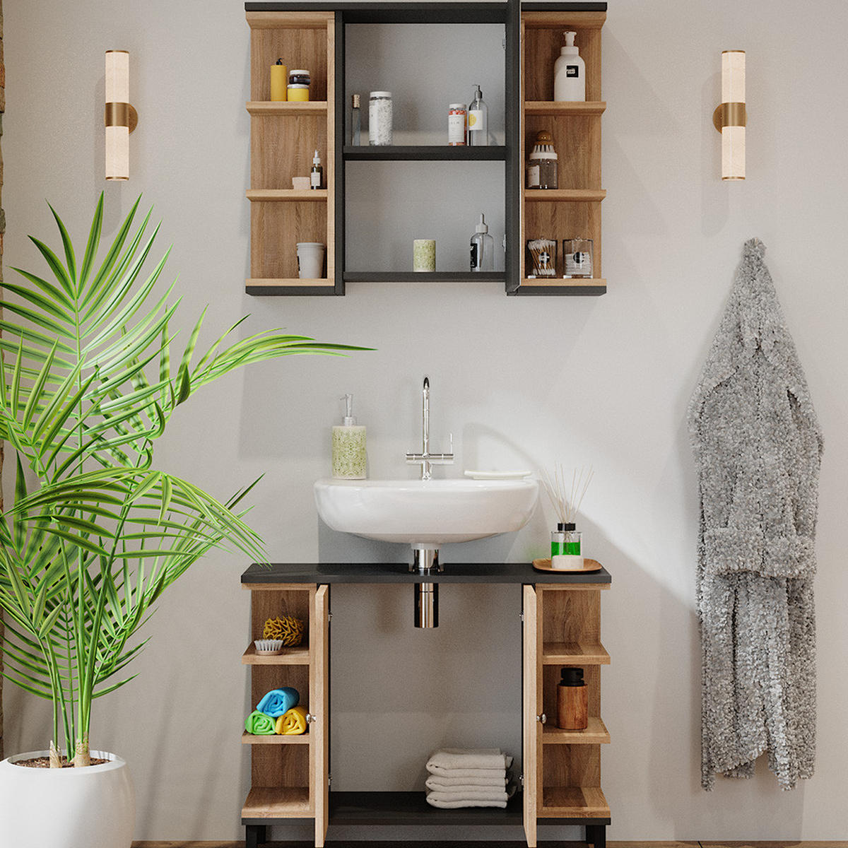 BADMÖBEL-SET Aquis Sonoma 2 Teile - Anthrazit/Sonoma Eiche, Holzwerkstoff (79.6/64/32cm) - Vicco