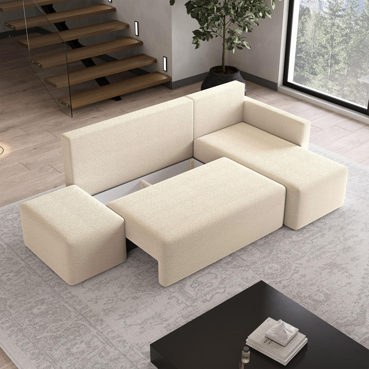 ECKSOFA VELOTTI R-S Creme Boucle-Stoff mit Schlaffunktion - Creme, Holz (261/143cm) - MASSENO