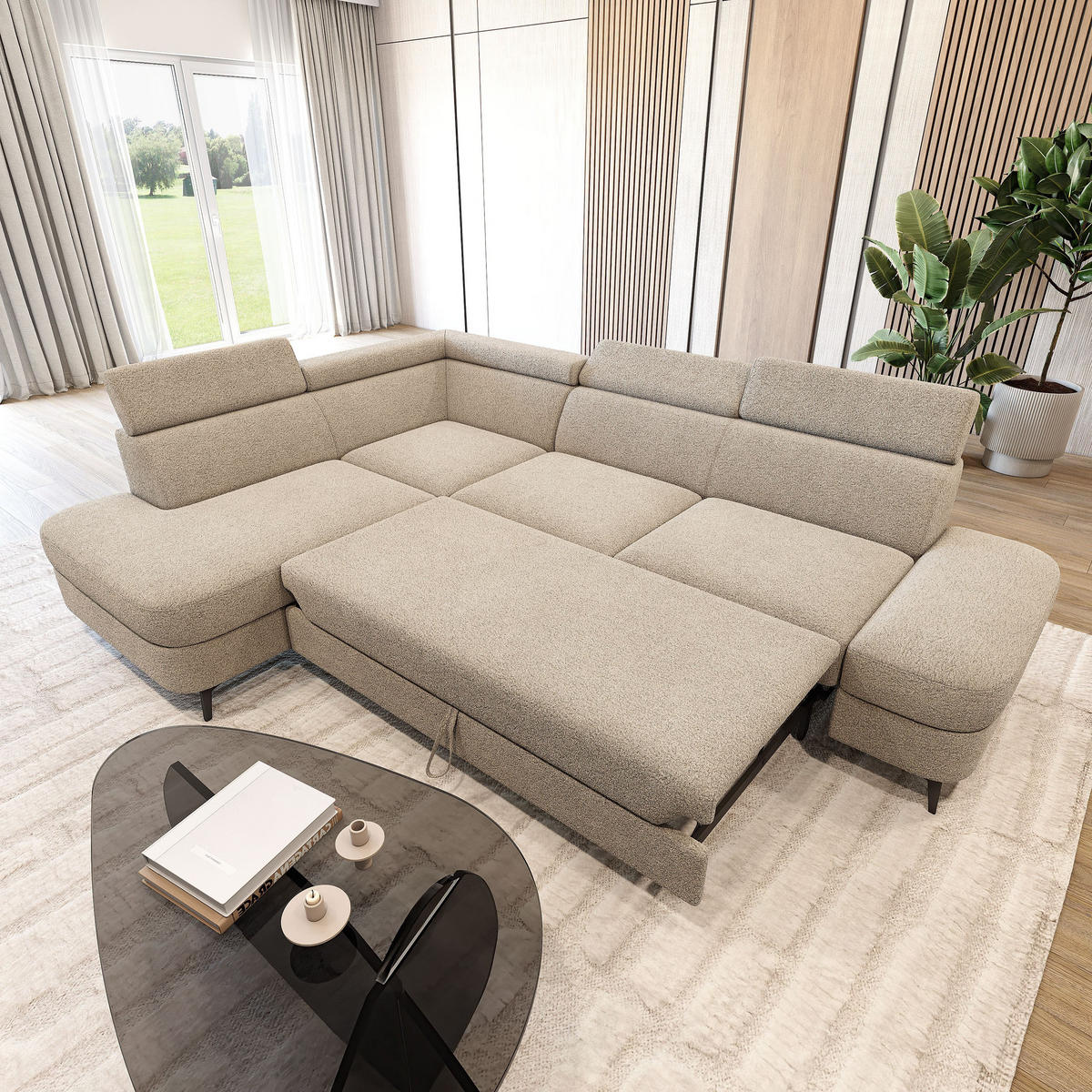 ECKSOFA AVISE Q L-S Beige Boucle-Stoff mit Schlaffunktion - Beige, Holzwerkstoff/Textil (268/195cm) - MASSENO