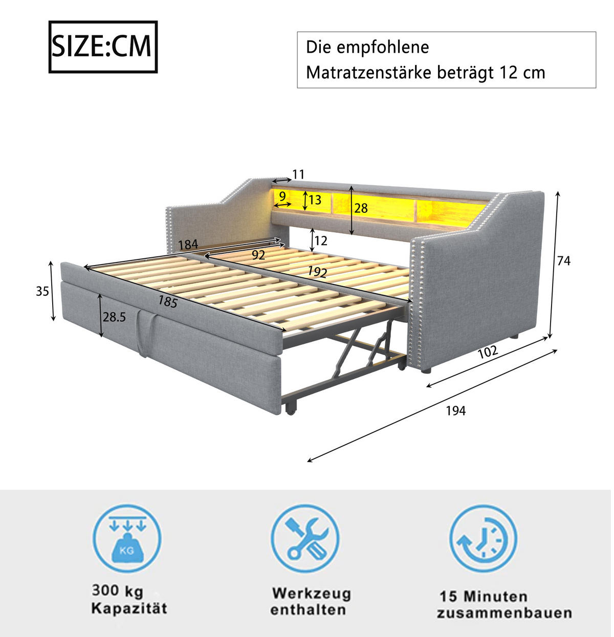 MULTIFUNKTIONSBETT 90/190 cm und 180/190 cm Hellgrau mit LED-Beleuchtung und USB-Anschluss Mit Matratze - Hellgrau, Textil (90/190cm) - OKWISH