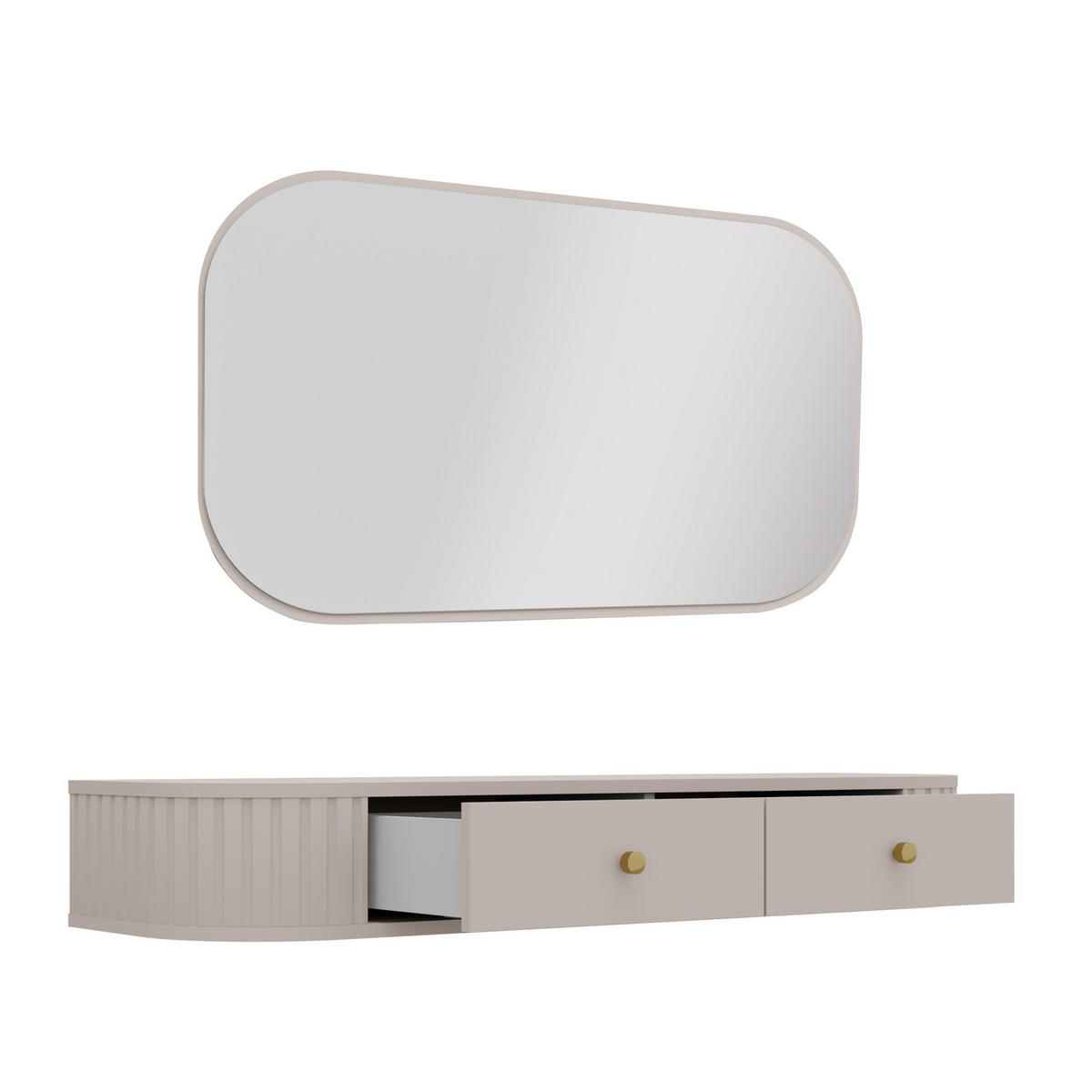 KONSOLENTISCH Halay Beige 2 Schubladen mit runden Kanten + Rechteckiger Spiegel - Beige/Goldfarben, Holzwerkstoff/Metall (36/123/17.5cm) - AX Living