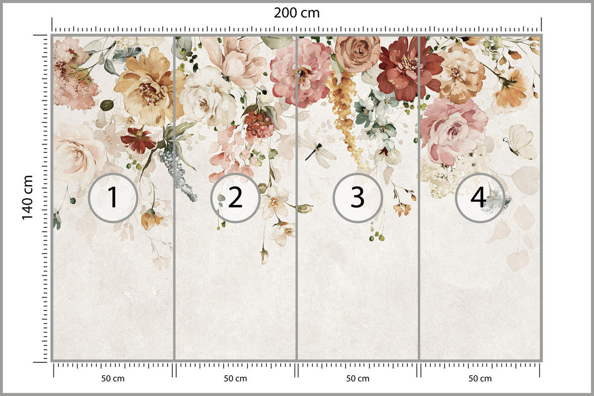 FOTOTAPETE für Esszimmer Aquarellblumen Blätter Pflanzen Pfingstrosen Rosen 200x140 - Multicolor, Papier (200/140cm) - Muralo