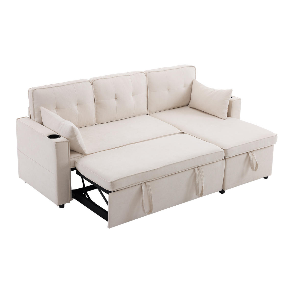 SCHLAFSOFA aus Baumwoll-Leinen 211x130x86 cm Beige mit Stauraum, Getränkehaltern und wechselbarer Chaiselongue - Beige, Textil (211/86/129.5cm) - Modfu