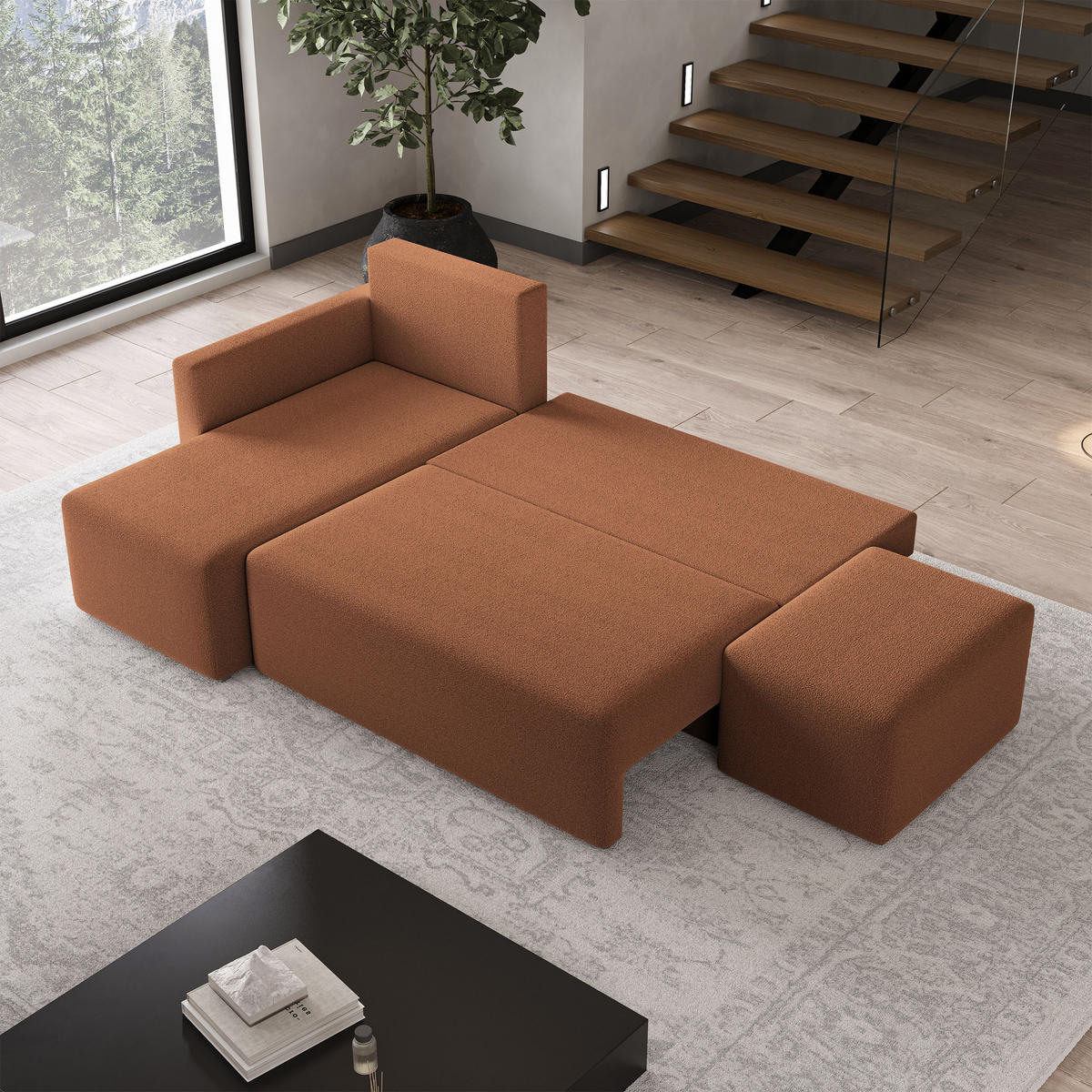 ECKSOFA VELOTTI L-S Kupferfarben Boucle-Stoff mit Schlaffunktion - Kupferfarben, Holz (261/143cm) - MASSENO