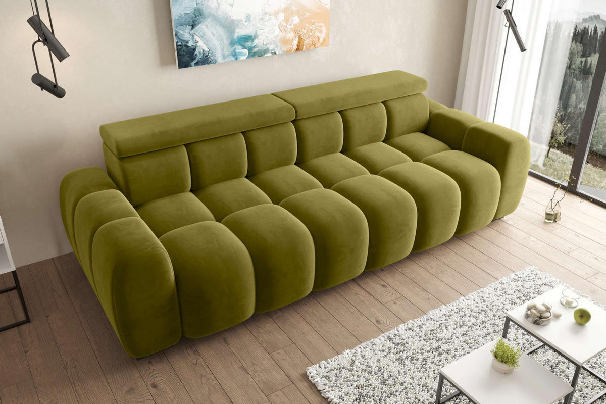 BIGSOFA ALESSIO Velours Olivgrün mit elektrischer Sitztiefenverstellung - Olivgrün, Kunststoff/Textil (248/77/108cm) - 99rooms