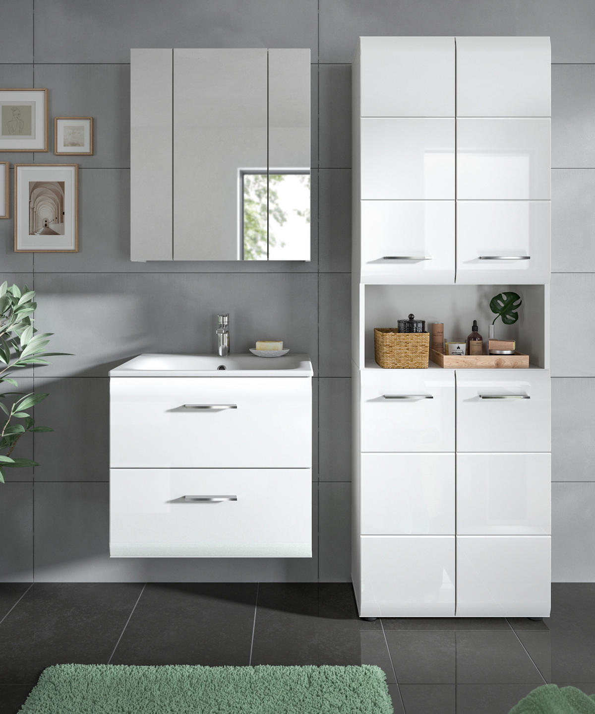 BADMÖBEL SET 3-teilig in weiß Hochglanz Badkombination 135 x 185 cm Cover - Weiß Hochglanz/Schwarz, Holzwerkstoff/Kunststoff (135/185/46cm) - Inn.Furn