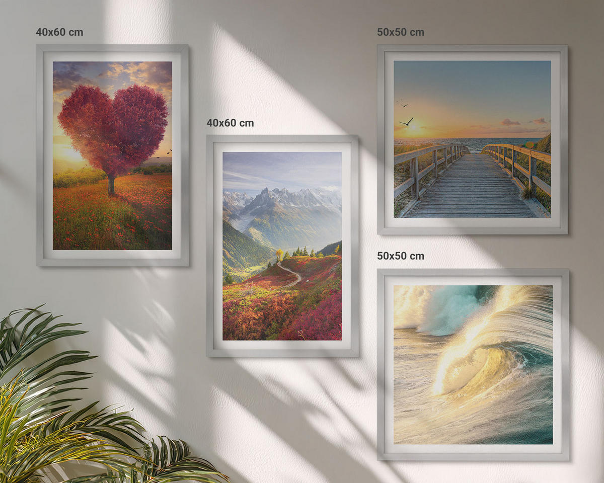 WANDBILDER 4er Set - 50x50 cm & 40x60 cm Silberner Rahmen - Landschaften Berge Wellen Baum Herz Pier - Silberfarben, Kunststoff (50/50cm) - ArtPrintCave