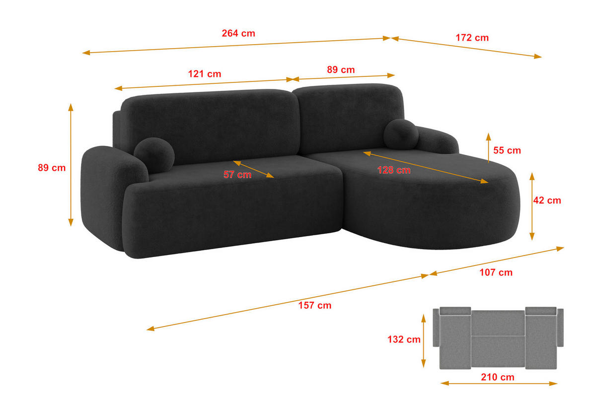 ECKSOFA mit Schlaffunktion und Bettkasten LIRA-L - 264x172x89 Grafitgrau - Graphitfarben, Holzwerkstoff/Textil (172/264cm) - ALTDECOR