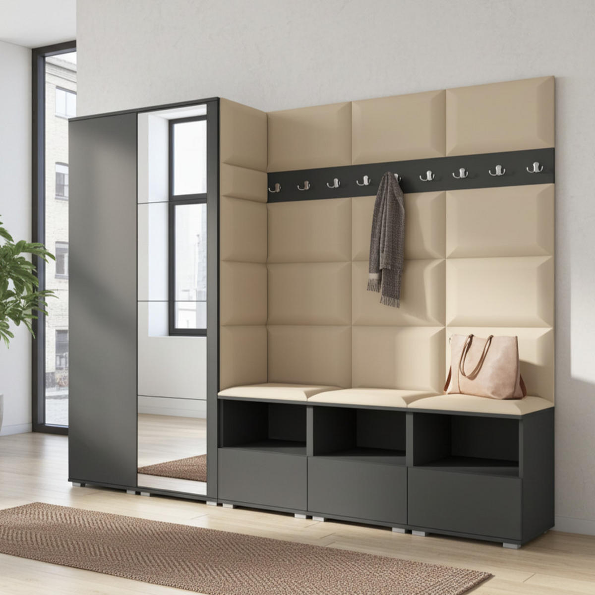 GARDEROBE NELA VII 250 cm (Modulare Flurmöbel XL Graphit mit Spiegel & Sitzpolster Beige 04 Universell) - Beige/Silberfarben, Holz/Holzwerkstoff (250/187/40cm) - Ravio