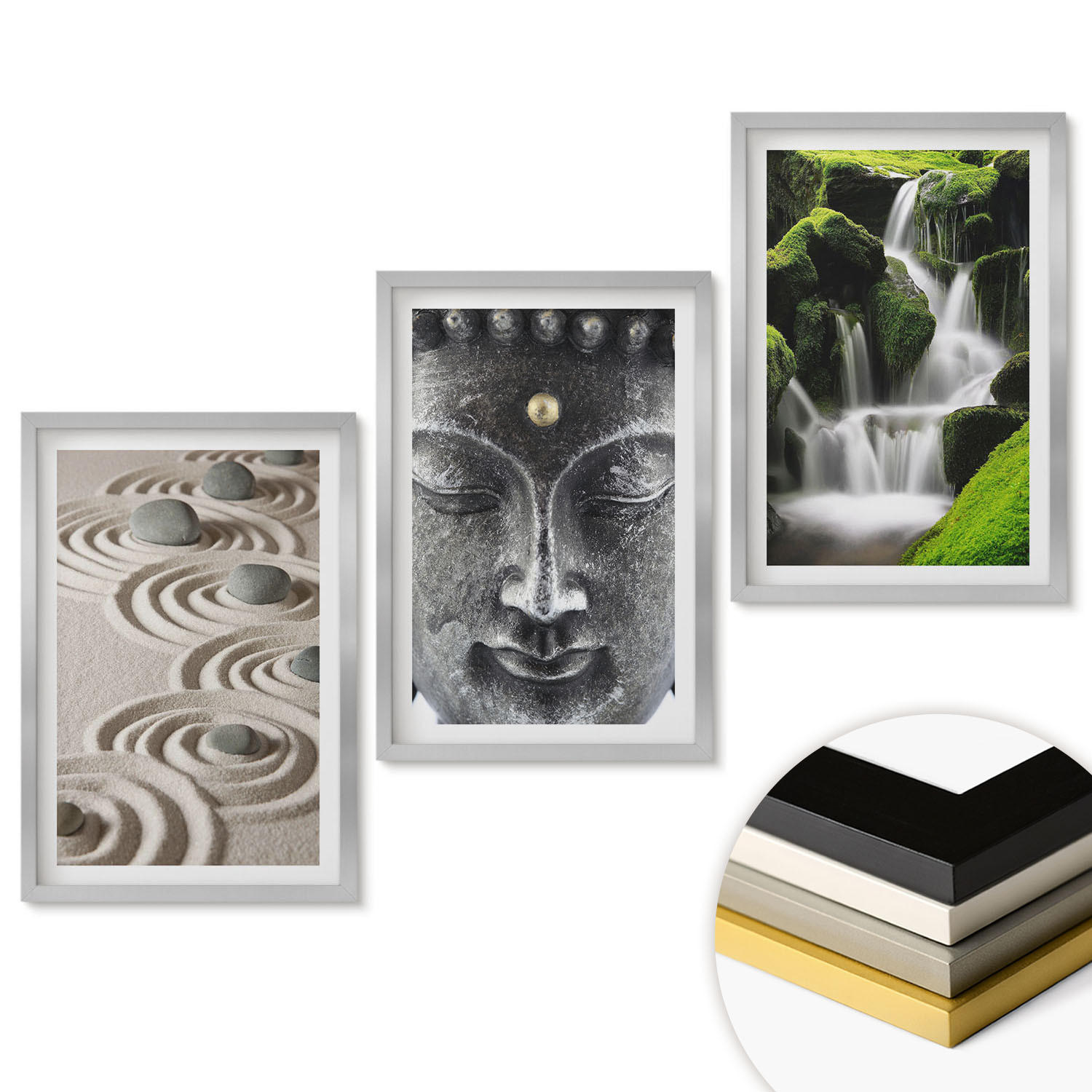 WANDBILDER 3er Set - 40x60 cm Silberner Rahmen - Der Frieden der Steine des Buda Zen-Wasserfalls - Silberfarben, Kunststoff (40/60cm) - ArtPrintCave