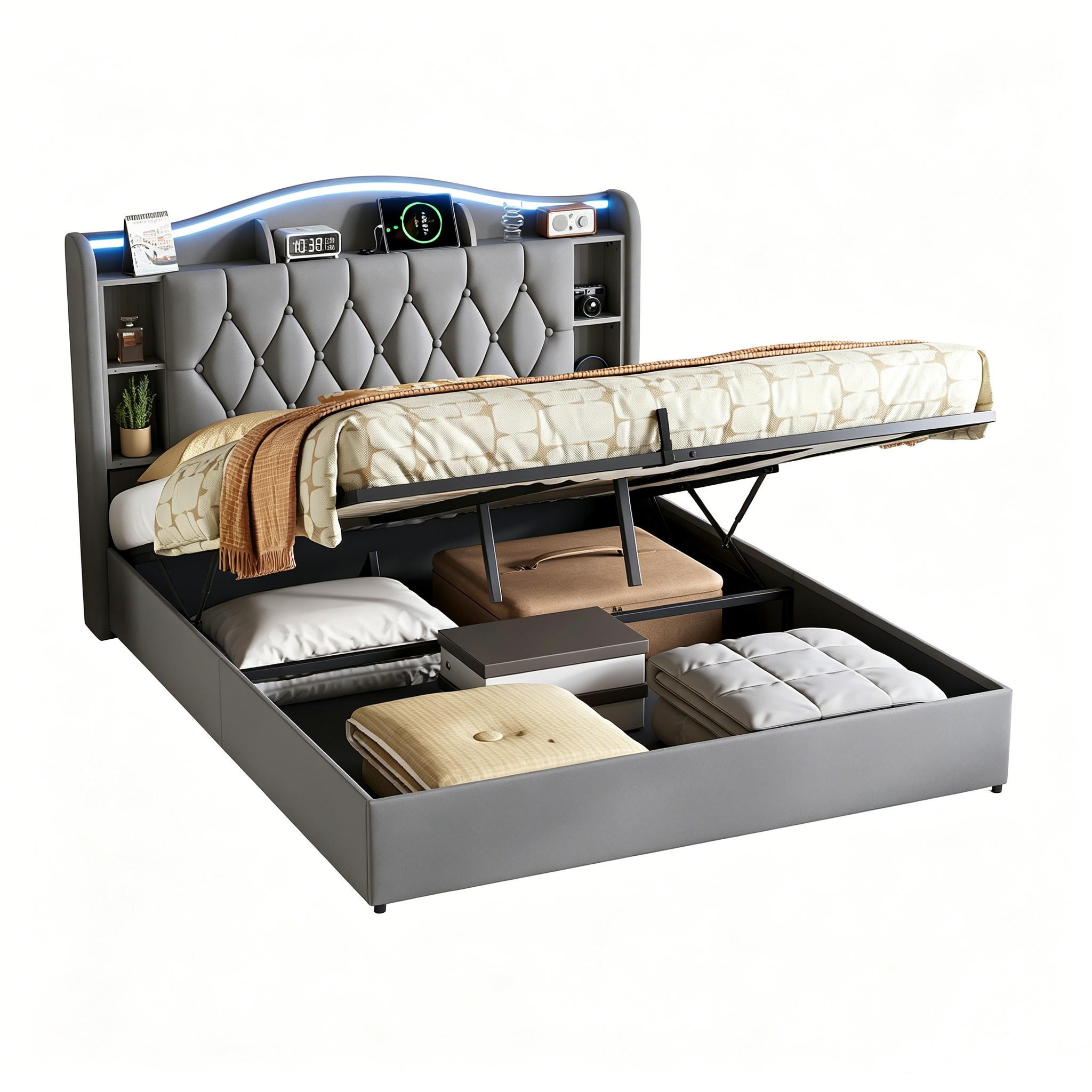 POLSTERBETT 160/200 cm Grau Doppelbett mit Stauraum, LED & USB-Ladestation - Grau, Holz/Textil (160/200cm) - PARAFTA HOME