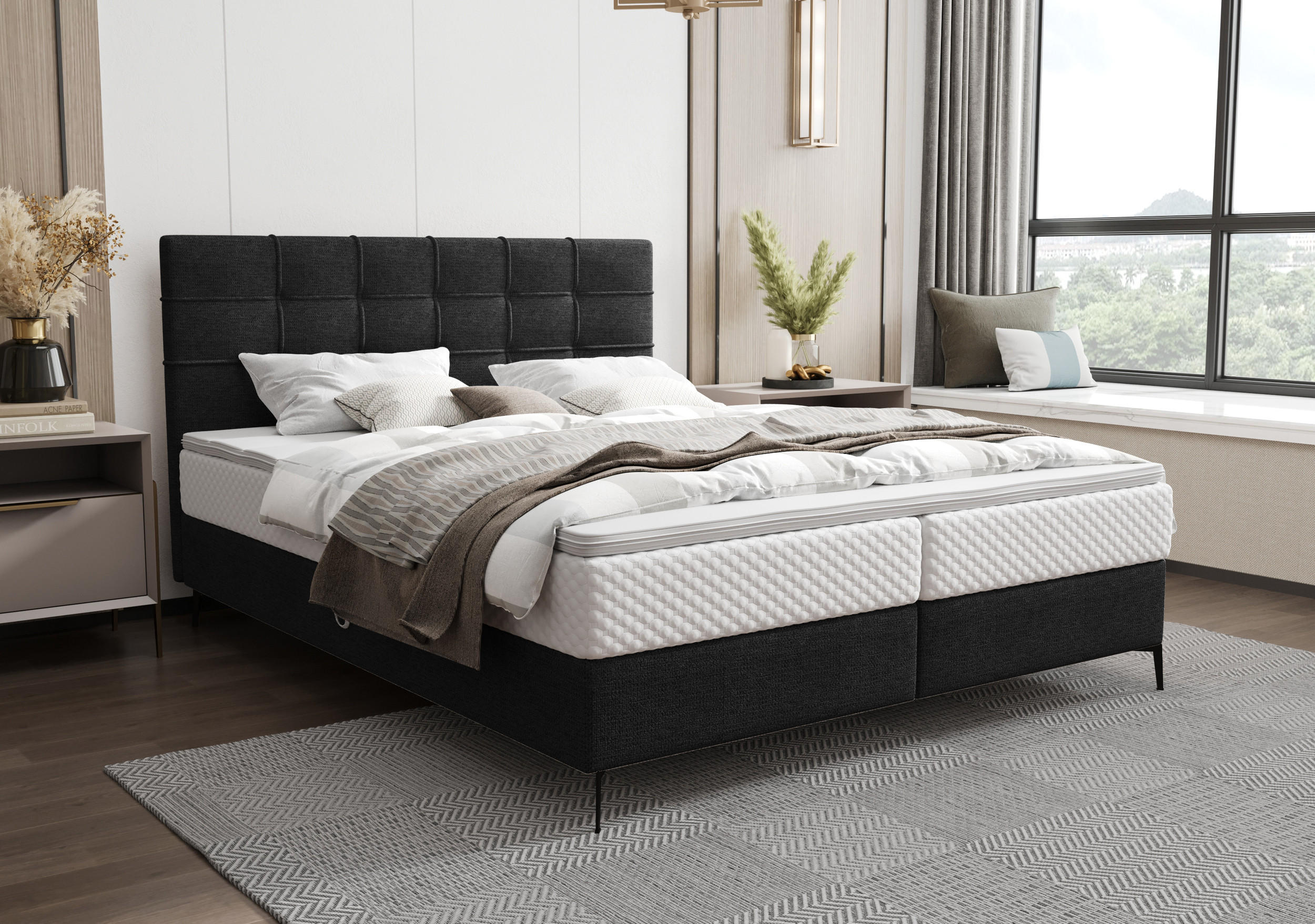 BOXBETT INAO 140x200 mit Matratze H3, Bonell und Topper ARAGON 99 - Schwarz, Textil (140/200cm) - Bedante